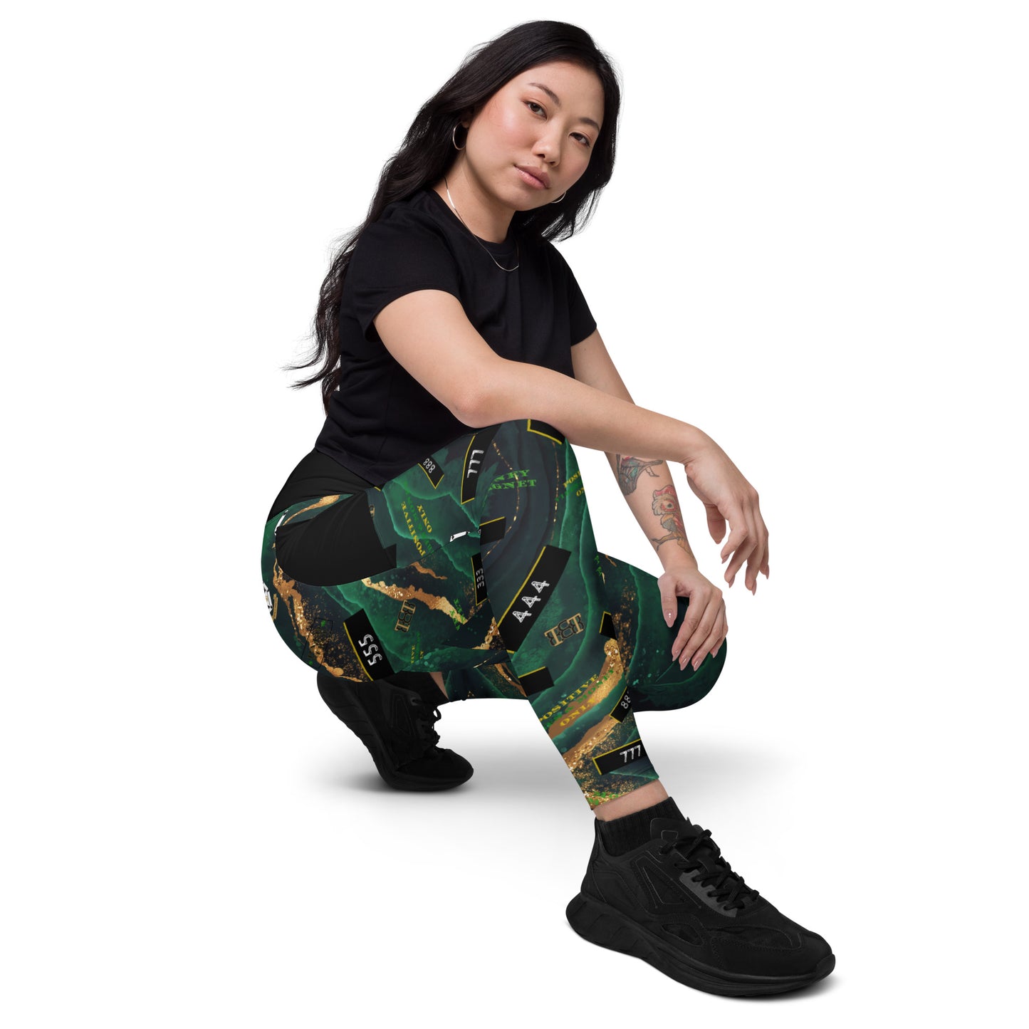 8xquiZit Collection - Women's Manifestation Emerald Green N Gold Marble Crossover Leggings with Pockets