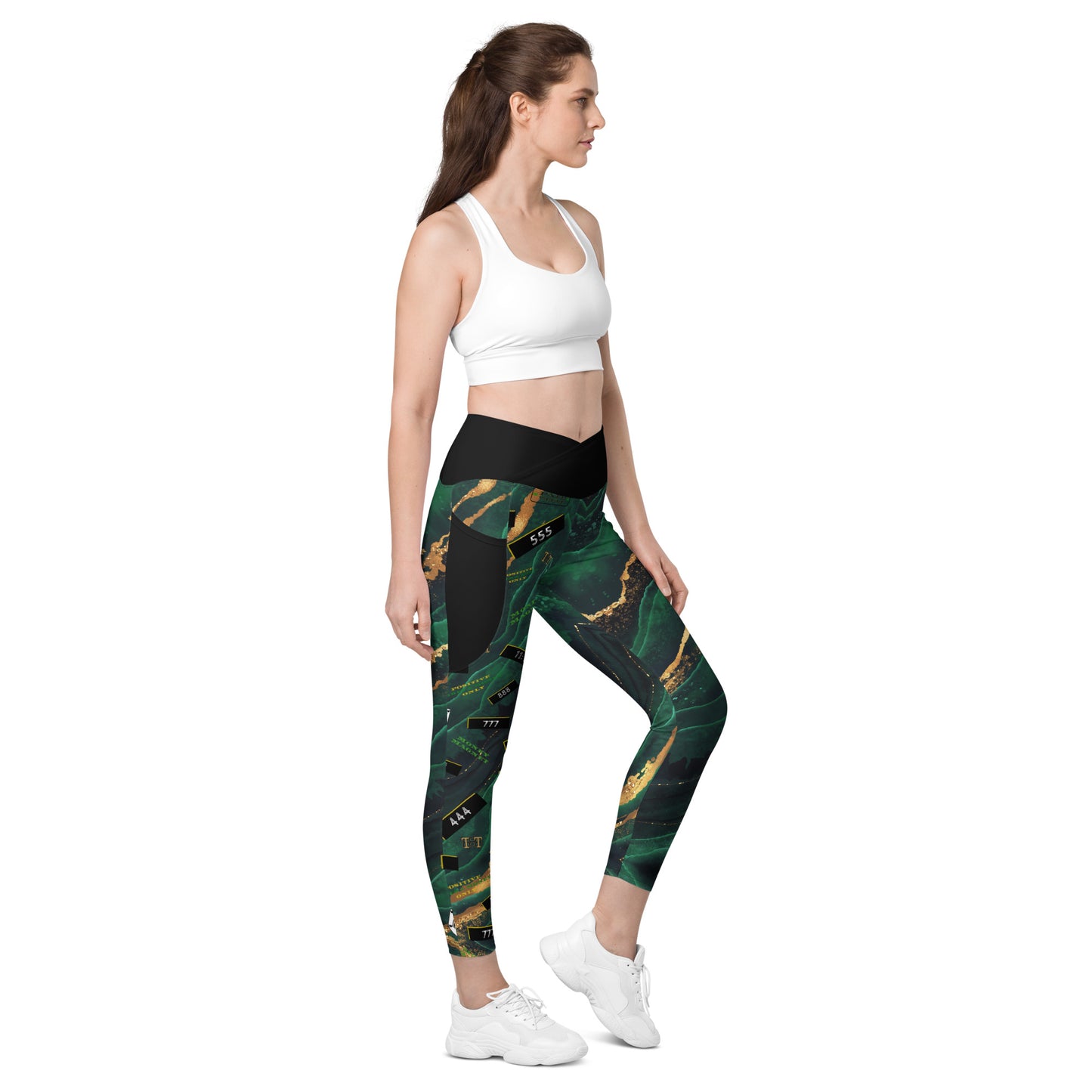 8xquiZit Collection - Women's Manifestation Emerald Green N Gold Marble Crossover Leggings with Pockets