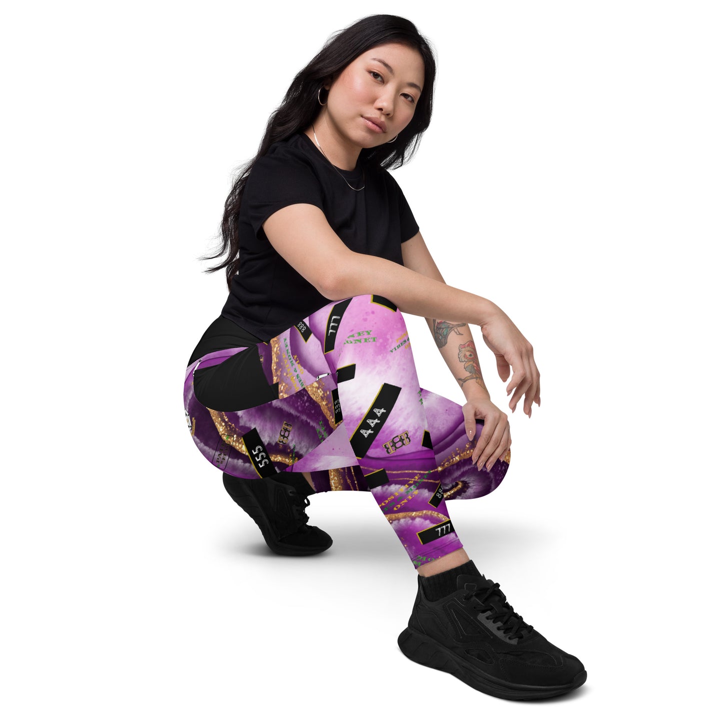 8xquiZit Collection - Women's Manifestation Royal Purple N Gold Marble Crossover Leggings with Pockets
