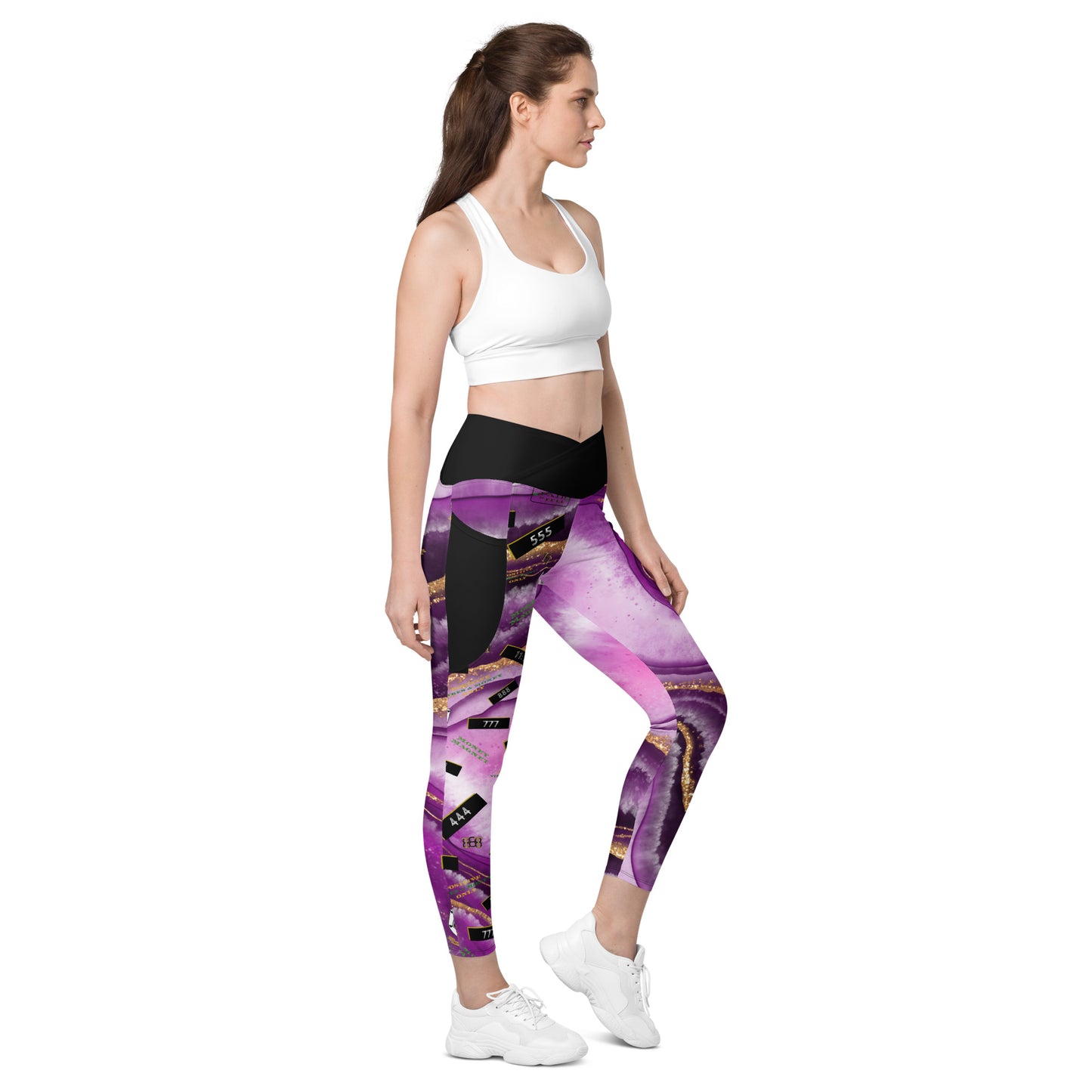 8xquiZit Collection - Women's Manifestation Royal Purple N Gold Marble Crossover Leggings with Pockets