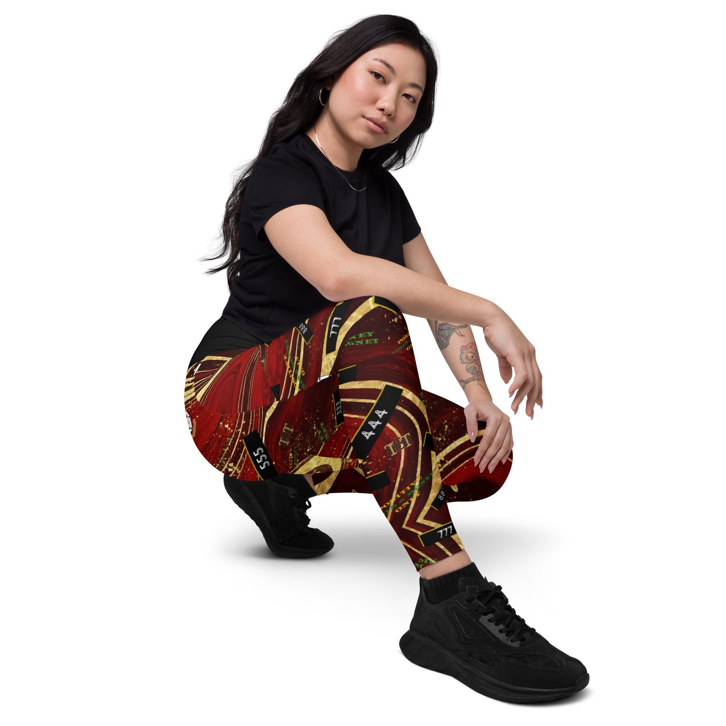 8xquiZit Collection - Women's Manifestation Ruby Red N Gold Marble Crossover Leggings with Pockets