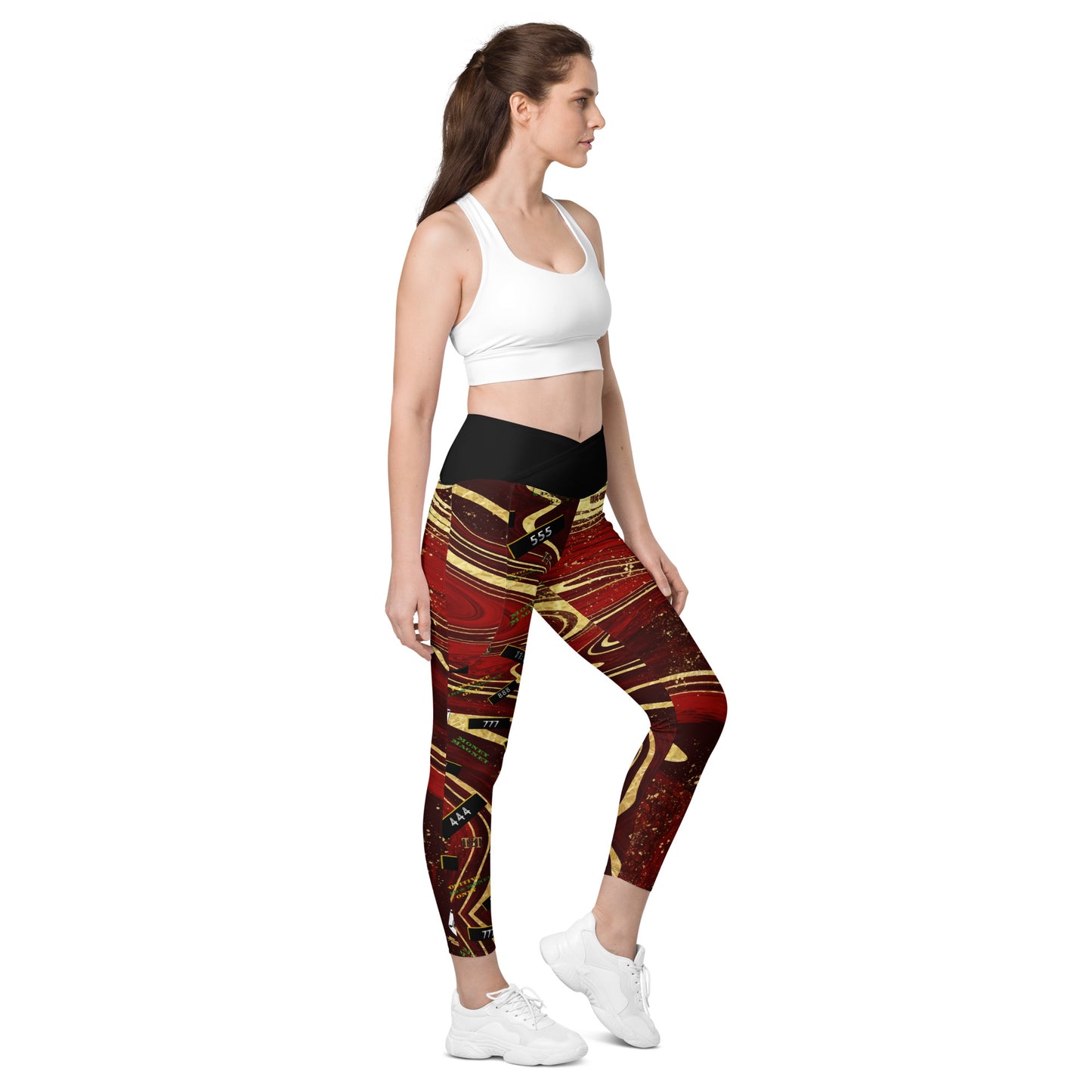 8xquiZit Collection - Women's Manifestation Ruby Red N Gold Marble Crossover Leggings with Pockets