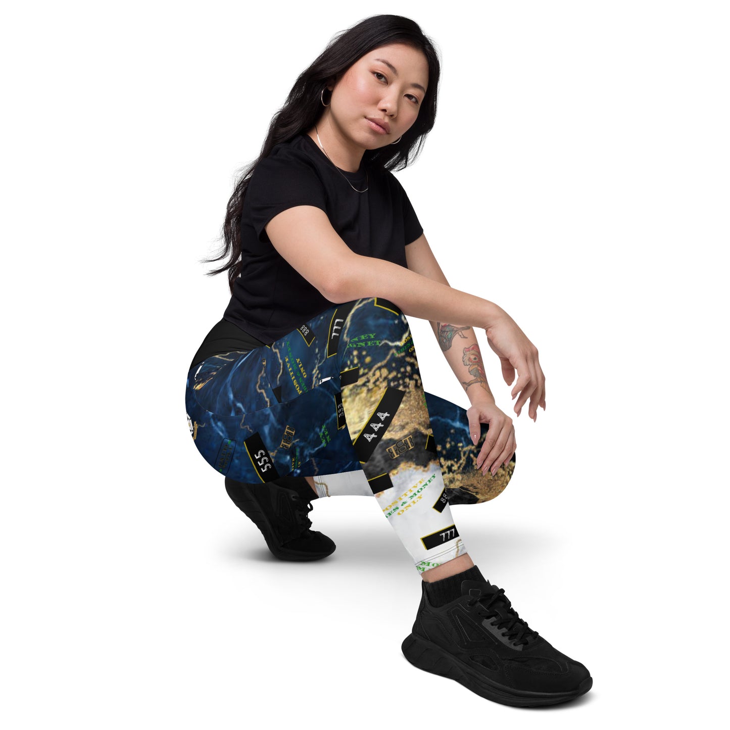 8xquiZit Collection - Women's Manifestation Tri-color Blue, Gold, & White Marble Crossover Leggings with Pockets