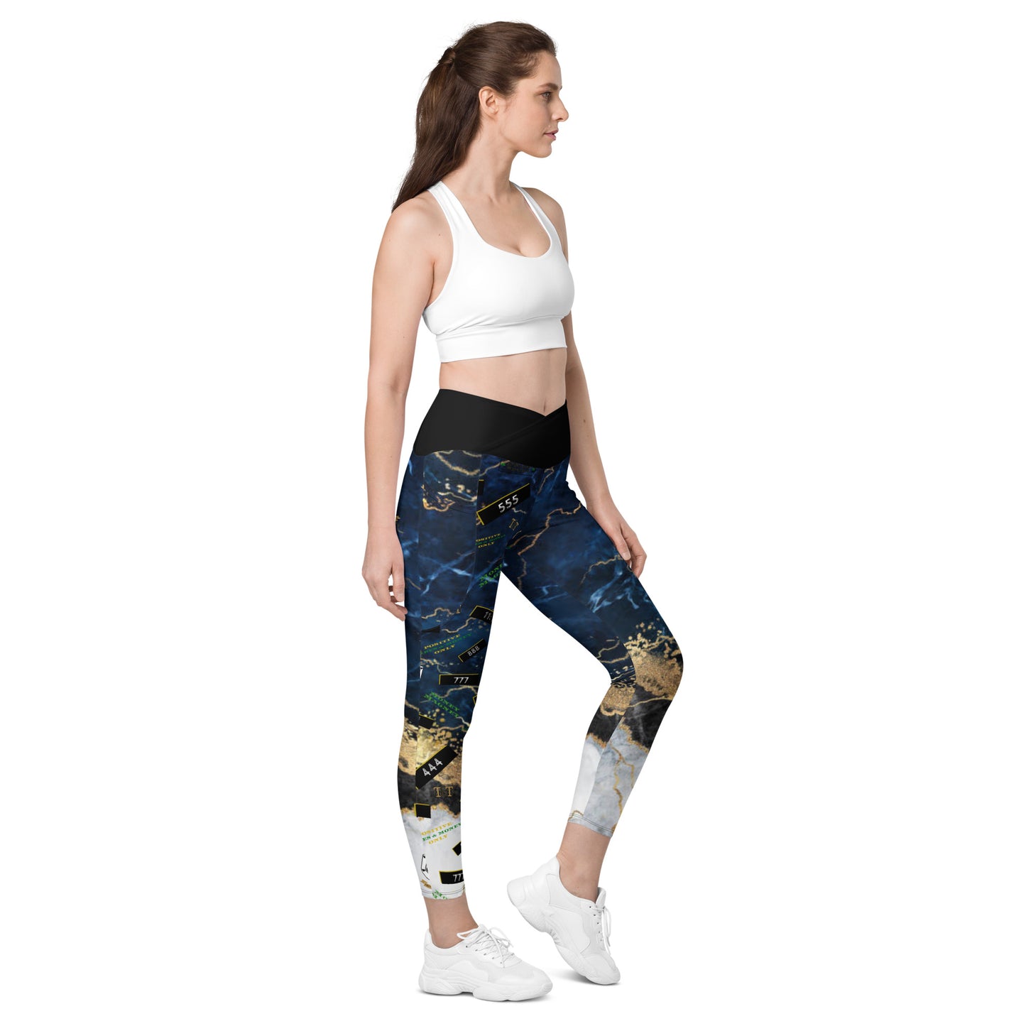 8xquiZit Collection - Women's Manifestation Tri-color Blue, Gold, & White Marble Crossover Leggings with Pockets