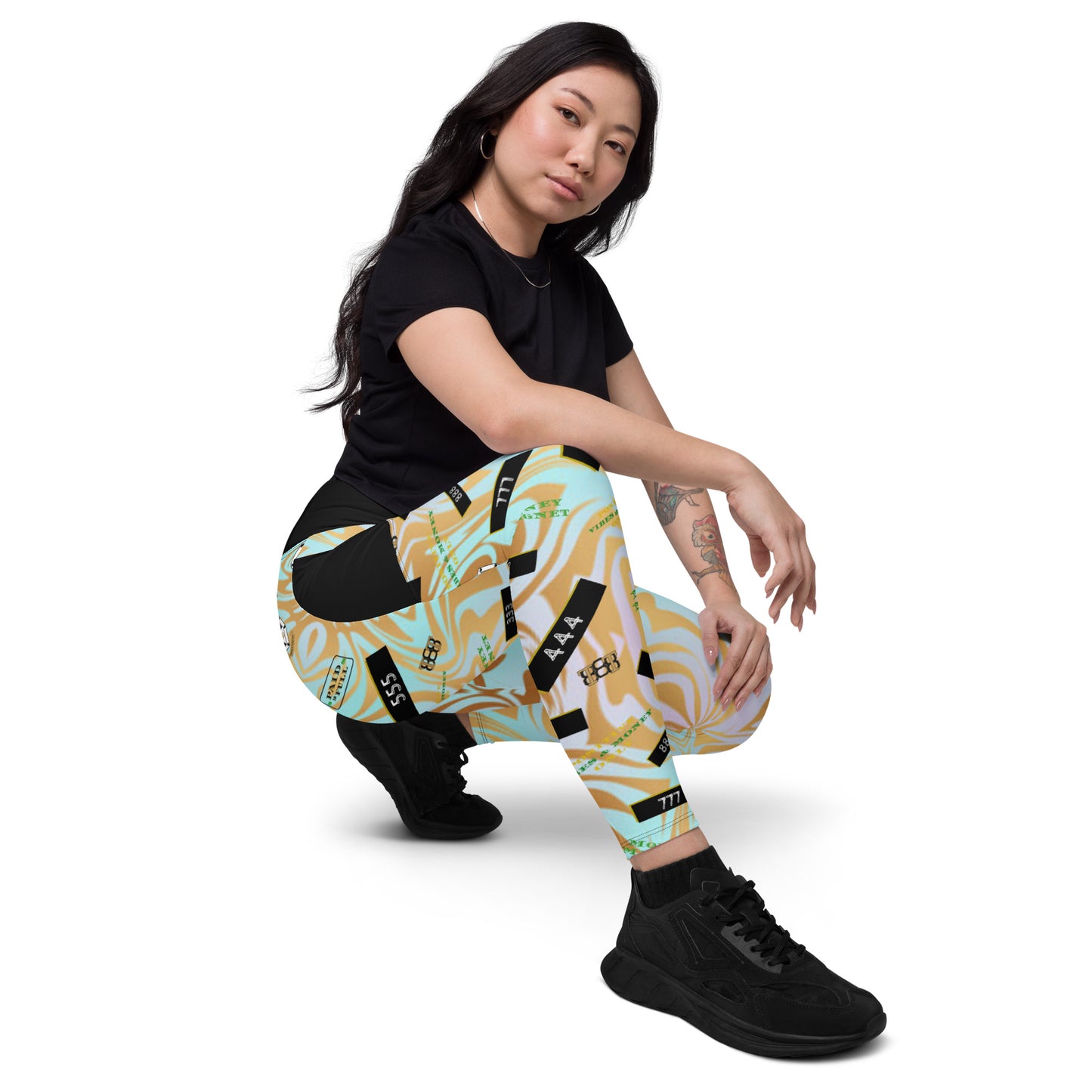 8xquiZit Collection - Women's Manifestation Pynk N Turq Jungle Luv Crossover Leggings with Pockets