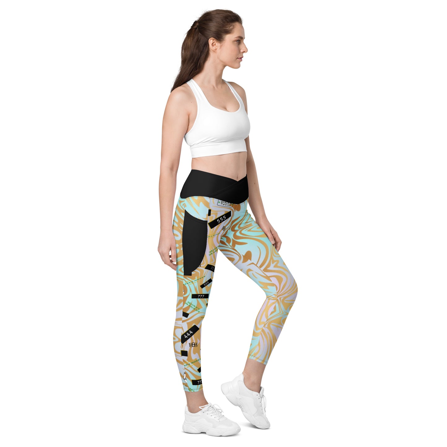 8xquiZit Collection - Women's Manifestation Pynk N Turq Jungle Luv Crossover Leggings with Pockets
