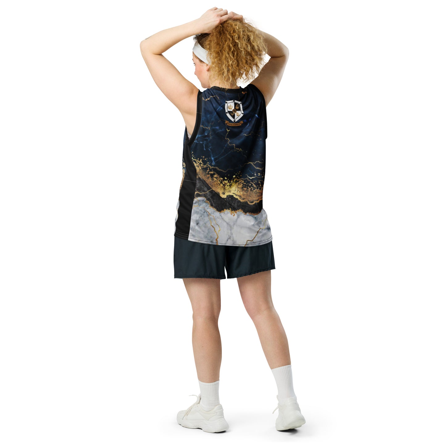 8xquiZit Collection - Tri-color Blue, Gold, & White Marble Unisex Basketball Jersey