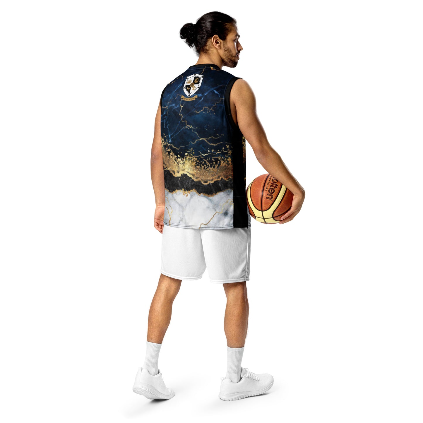 8xquiZit Collection - Tri-color Blue, Gold, & White Marble Unisex Basketball Jersey