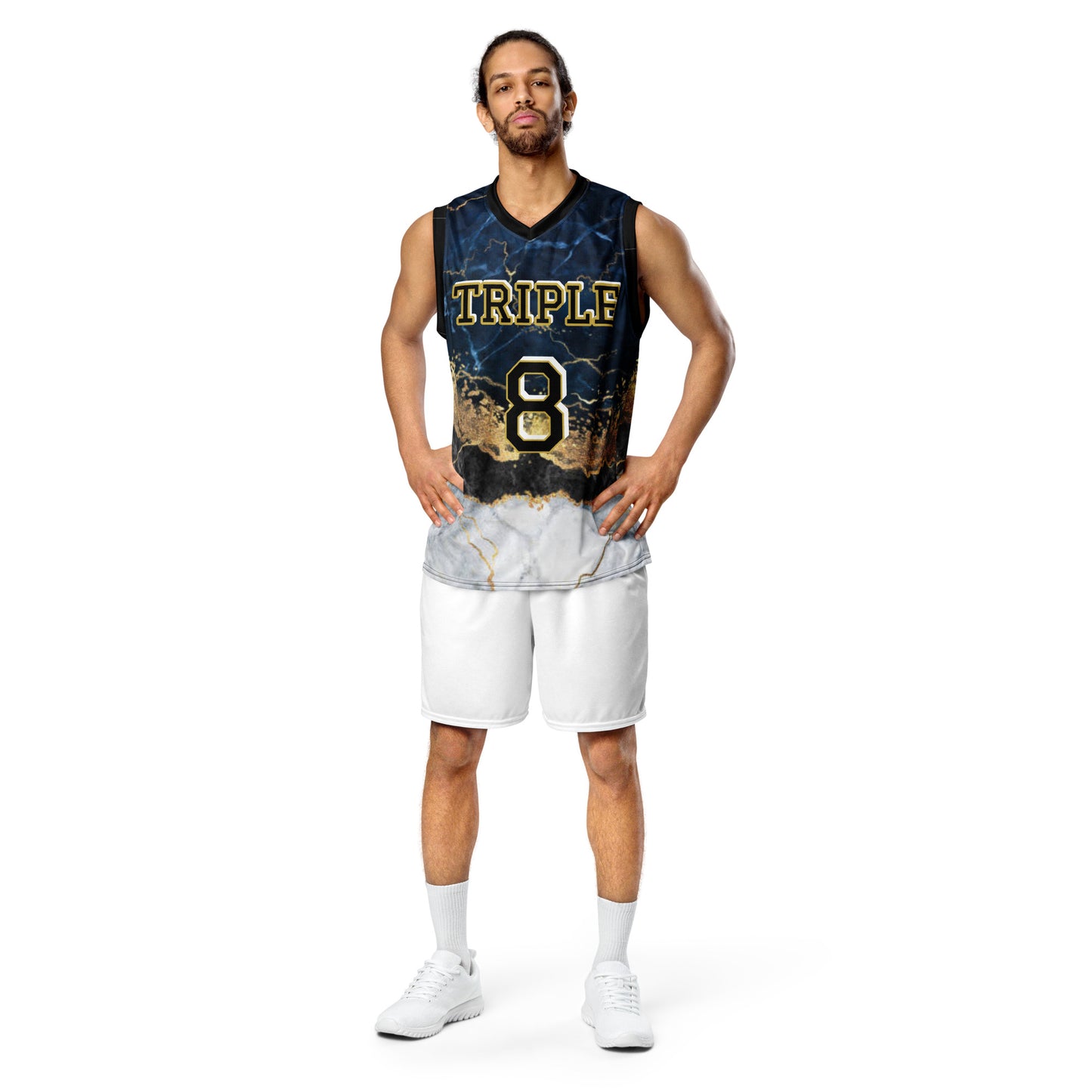 8xquiZit Collection - Tri-color Blue, Gold, & White Marble Unisex Basketball Jersey