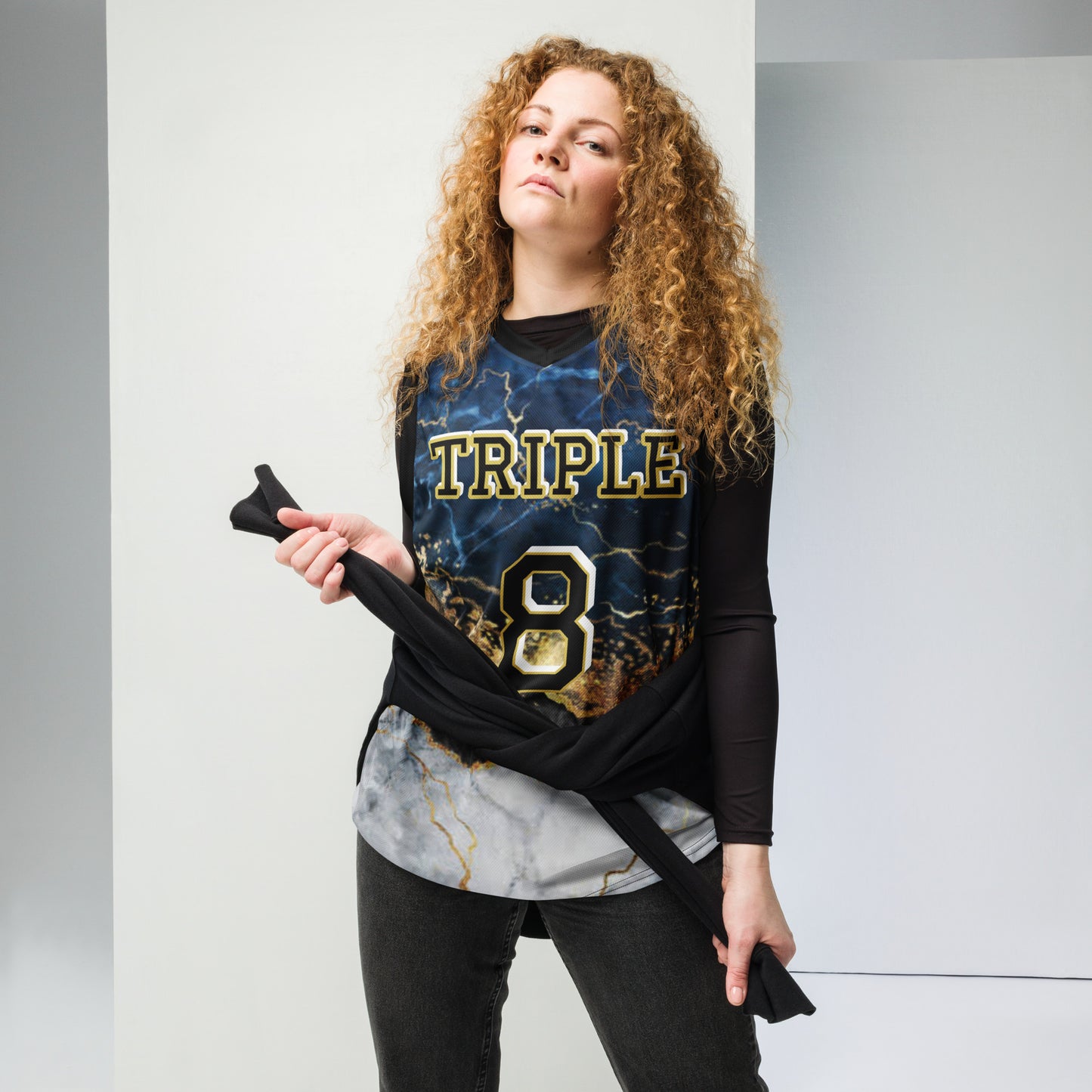 8xquiZit Collection - Tri-color Blue, Gold, & White Marble Unisex Basketball Jersey