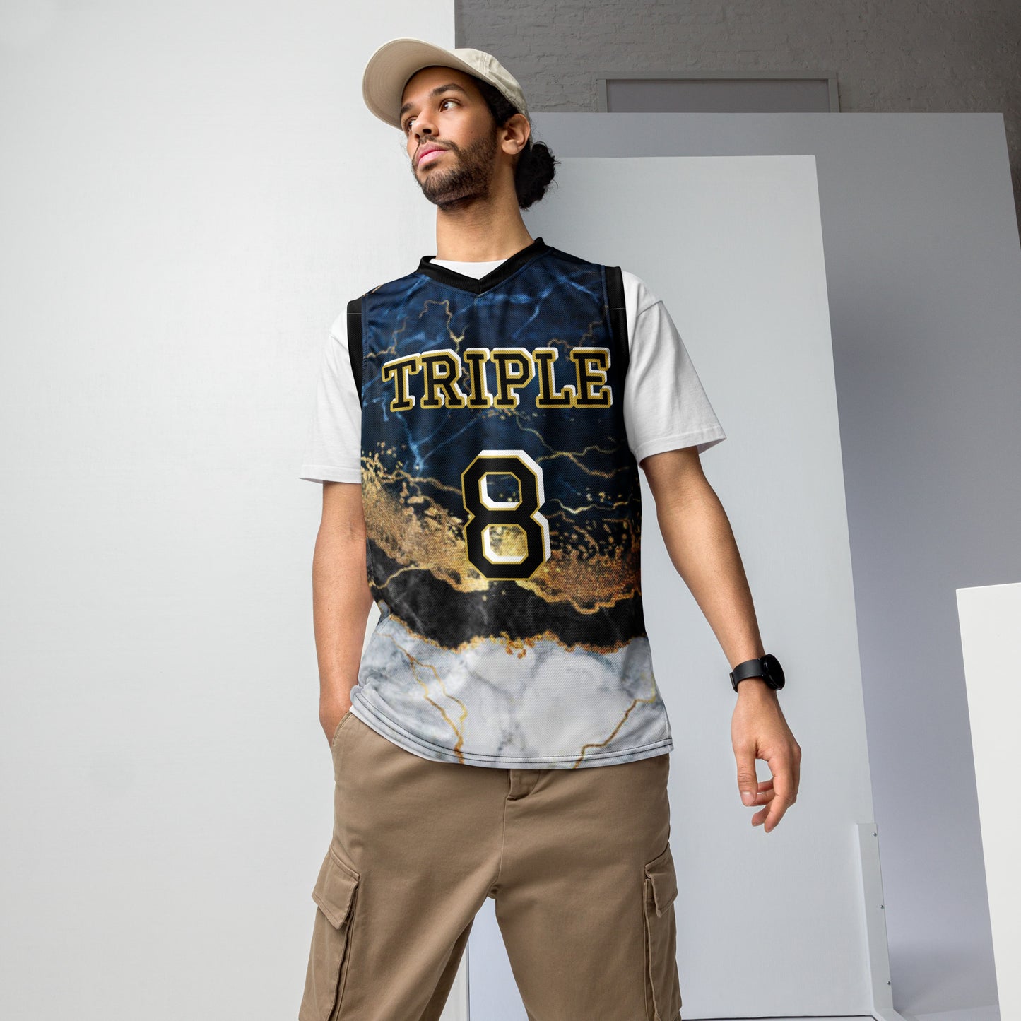 8xquiZit Collection - Tri-color Blue, Gold, & White Marble Unisex Basketball Jersey
