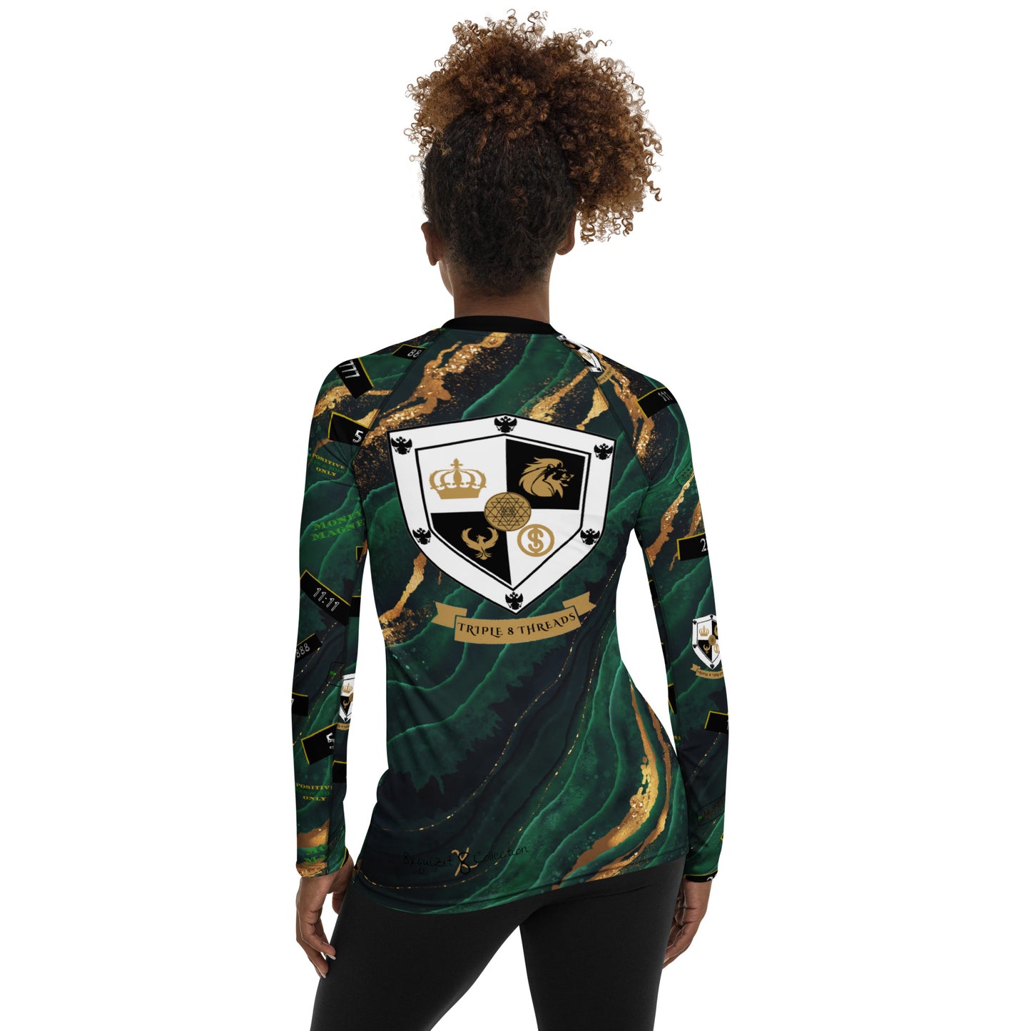 8xquiZit Collection - Women's Manifestation Emerald Green N Gold Marble Long Sleeve Activewear