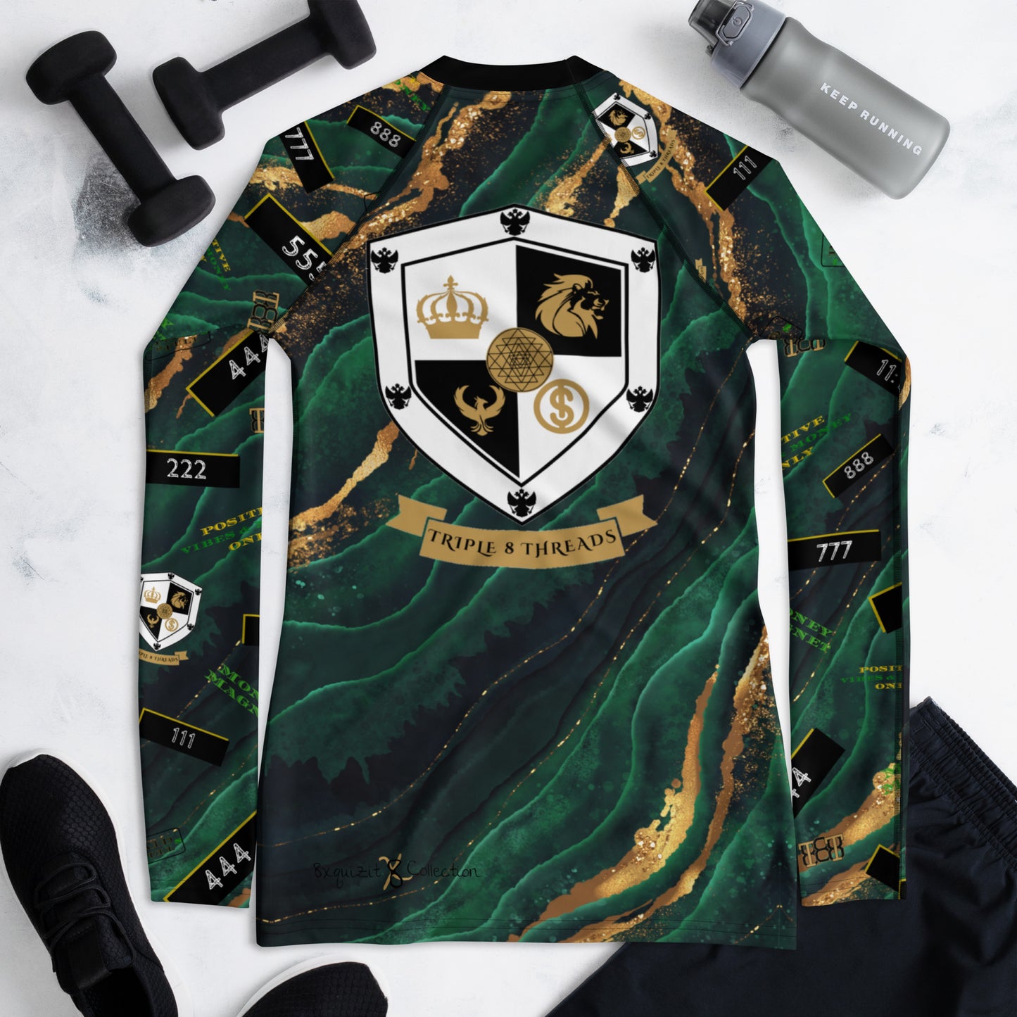 8xquiZit Collection - Women's Manifestation Emerald Green N Gold Marble Long Sleeve Activewear