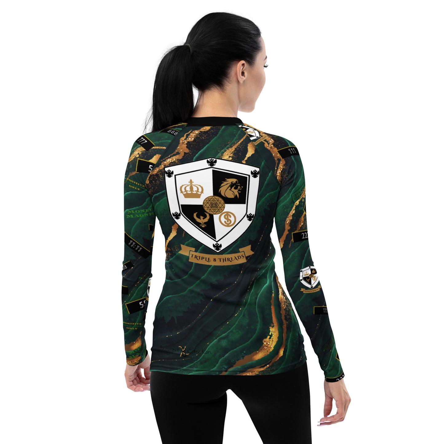 8xquiZit Collection - Women's Manifestation Emerald Green N Gold Marble Long Sleeve Activewear