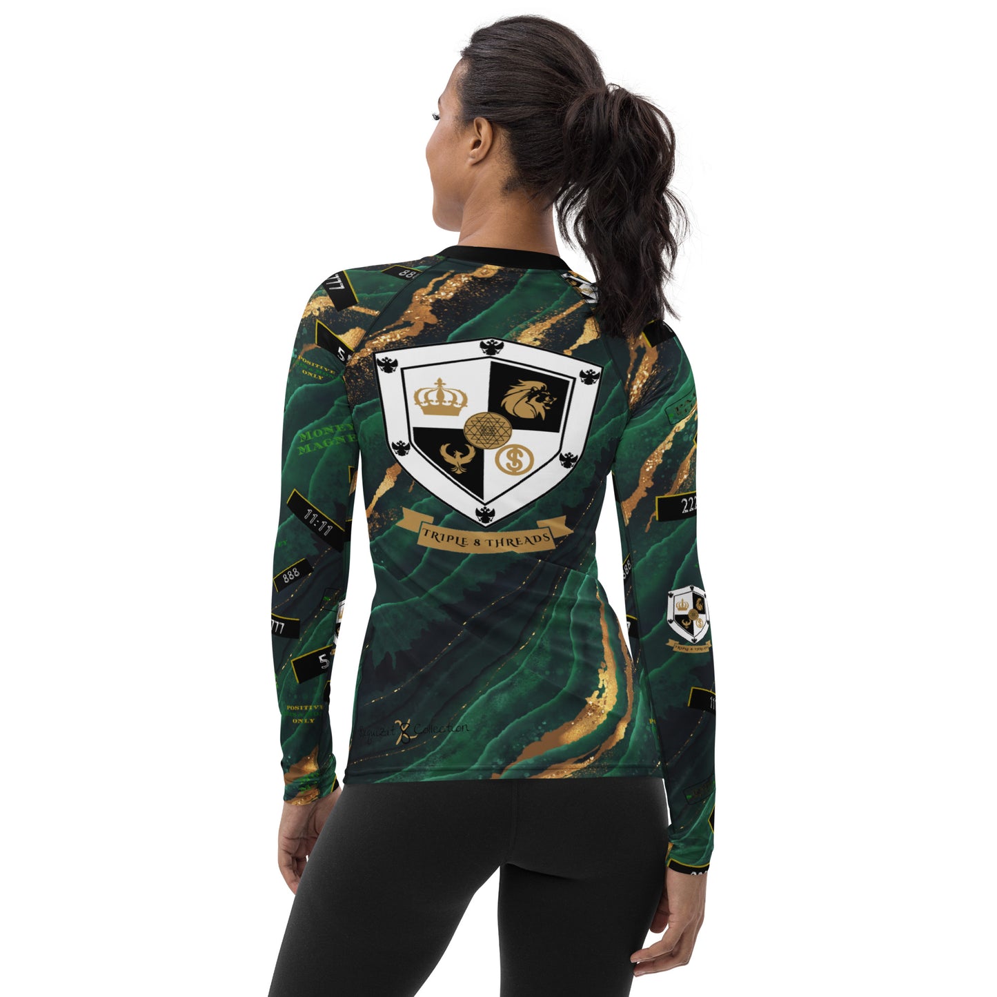 8xquiZit Collection - Women's Manifestation Emerald Green N Gold Marble Long Sleeve Activewear