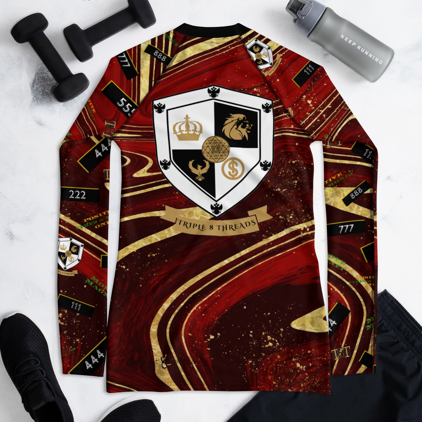 8xquiZit Collection - Women's Manifestation Ruby Red N Gold Marble Long Sleeve Activewear