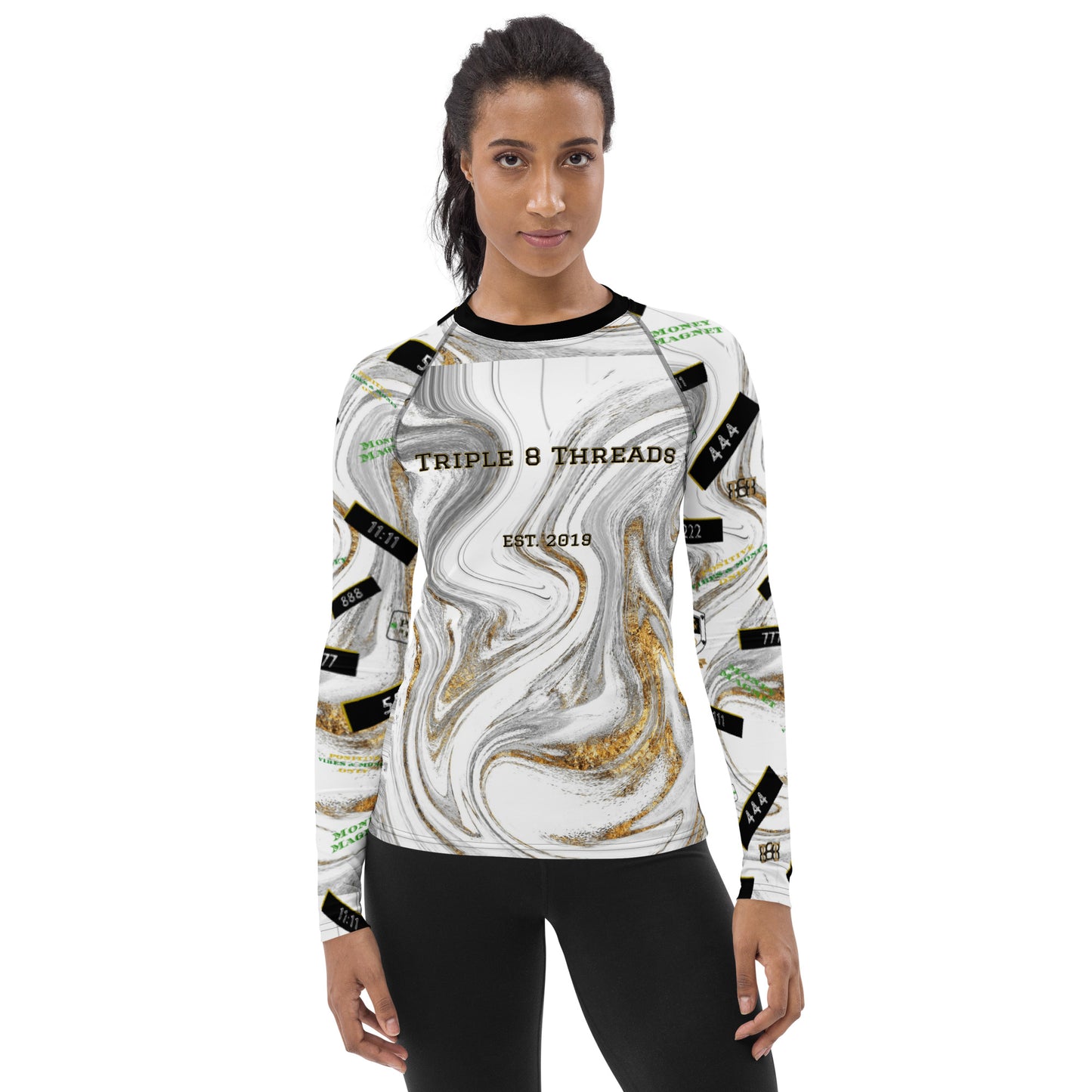 8xquiZit Collection - Women's Manifestation White N Gold Marble Long Sleeve Activewear