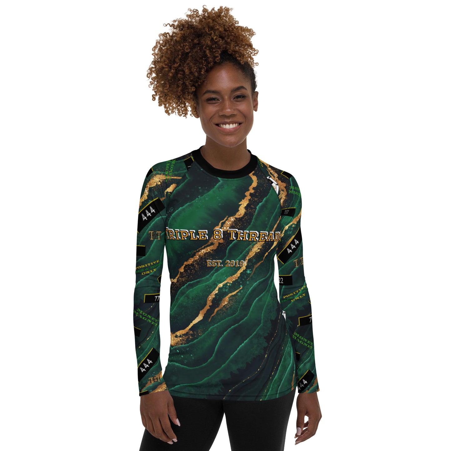 8xquiZit Collection - Women's Manifestation Emerald Green N Gold Marble Long Sleeve Activewear