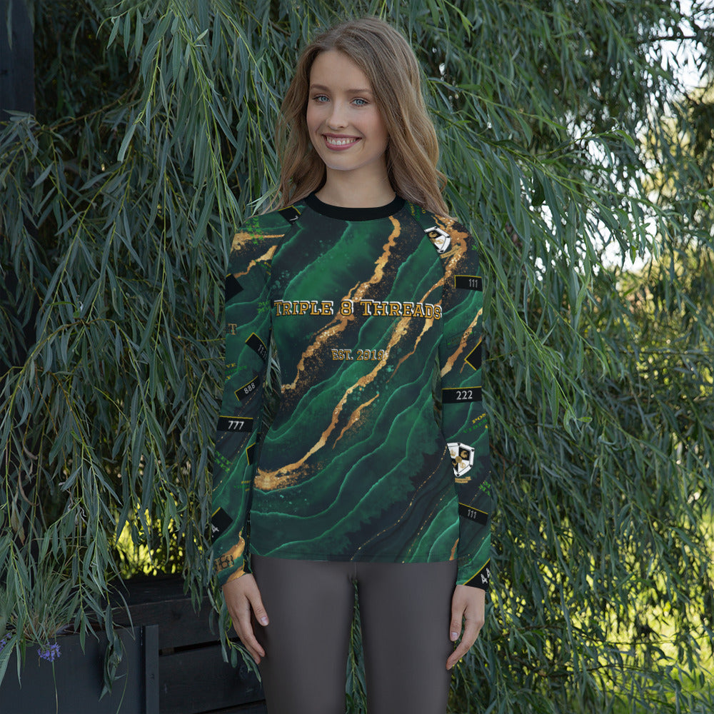 8xquiZit Collection - Women's Manifestation Emerald Green N Gold Marble Long Sleeve Activewear