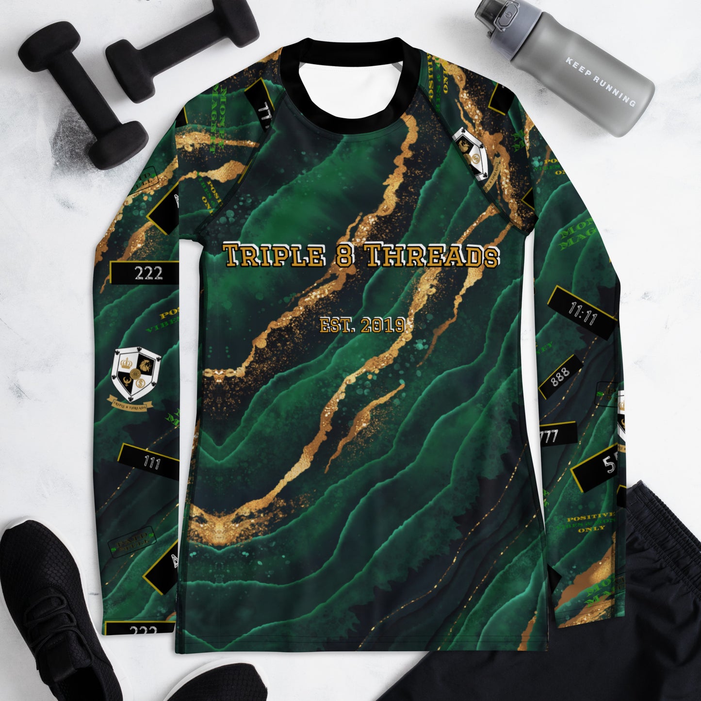 8xquiZit Collection - Women's Manifestation Emerald Green N Gold Marble Long Sleeve Activewear