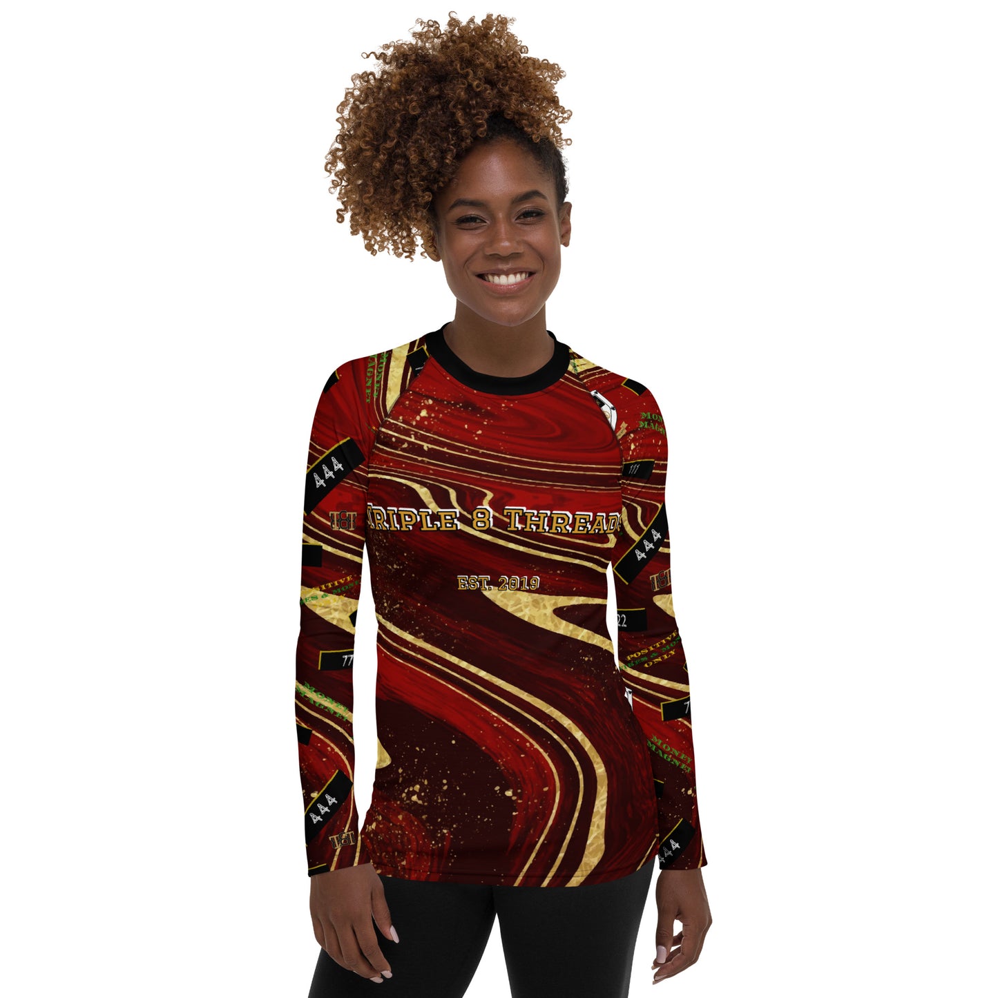 8xquiZit Collection - Women's Manifestation Ruby Red N Gold Marble Long Sleeve Activewear