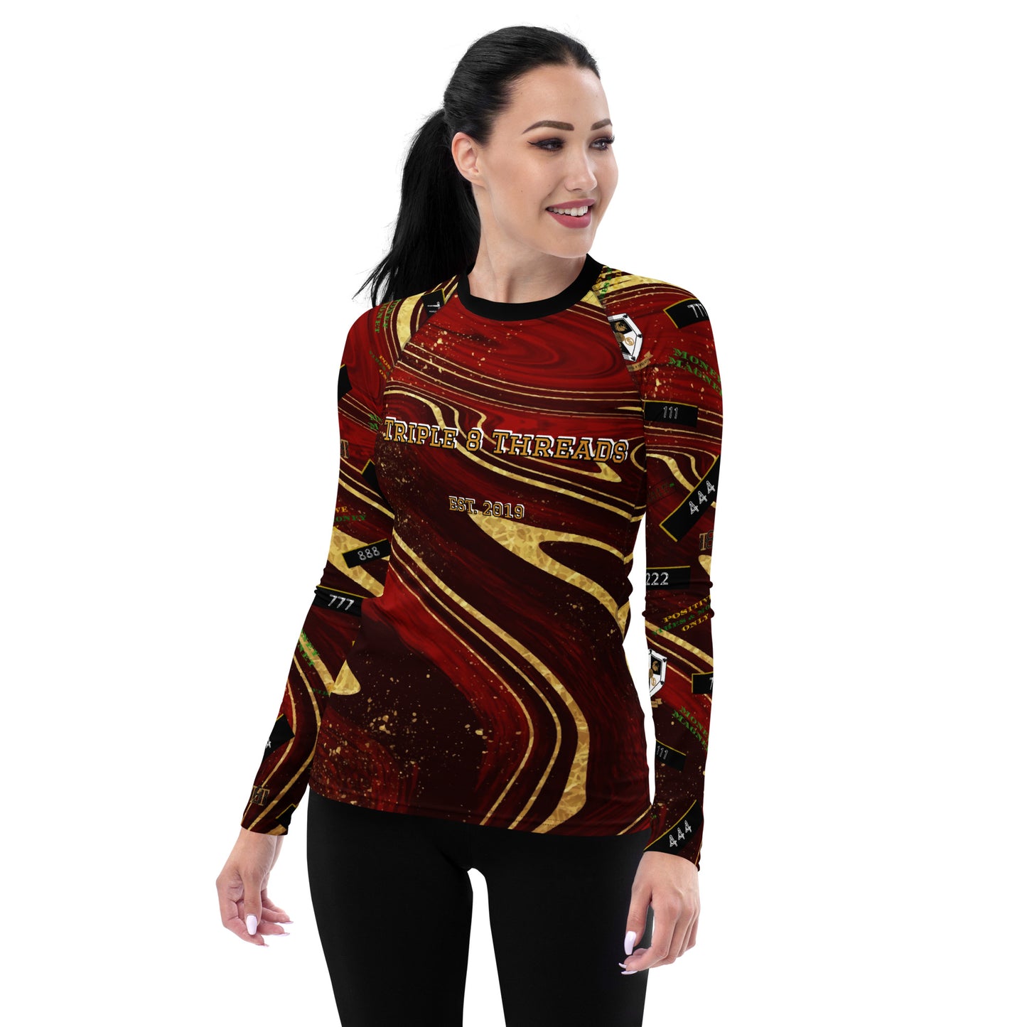8xquiZit Collection - Women's Manifestation Ruby Red N Gold Marble Long Sleeve Activewear