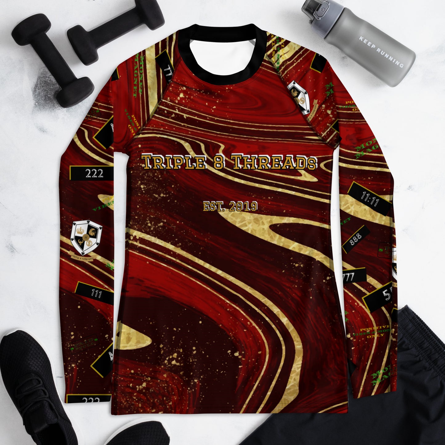 8xquiZit Collection - Women's Manifestation Ruby Red N Gold Marble Long Sleeve Activewear