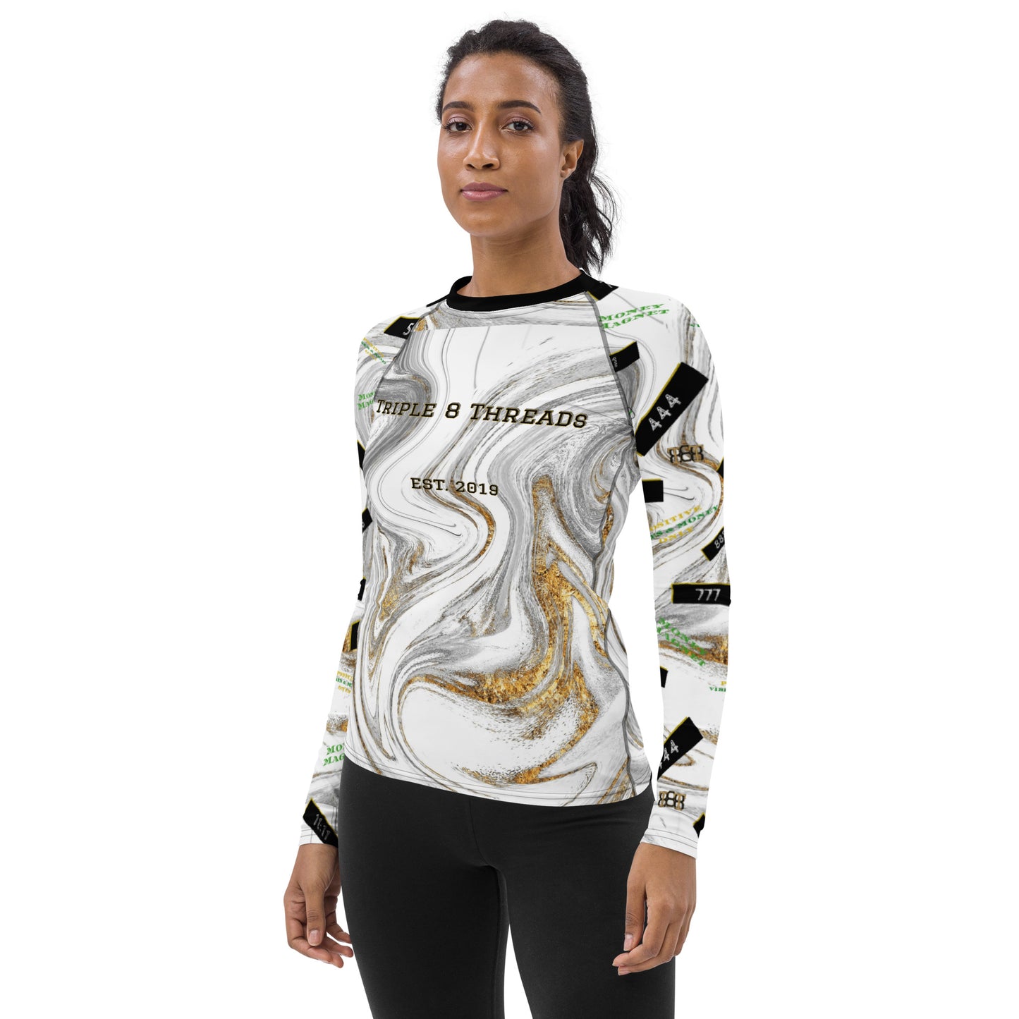 8xquiZit Collection - Women's Manifestation White N Gold Marble Long Sleeve Activewear