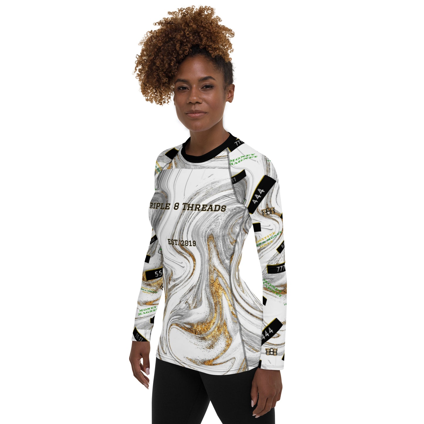 8xquiZit Collection - Women's Manifestation White N Gold Marble Long Sleeve Activewear