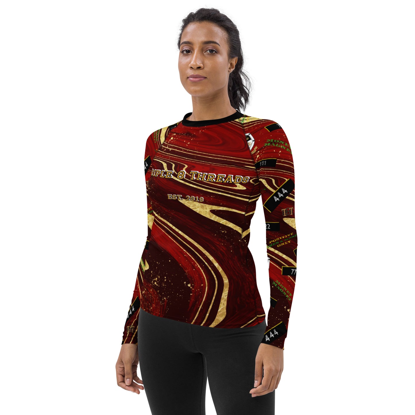 8xquiZit Collection - Women's Manifestation Ruby Red N Gold Marble Long Sleeve Activewear