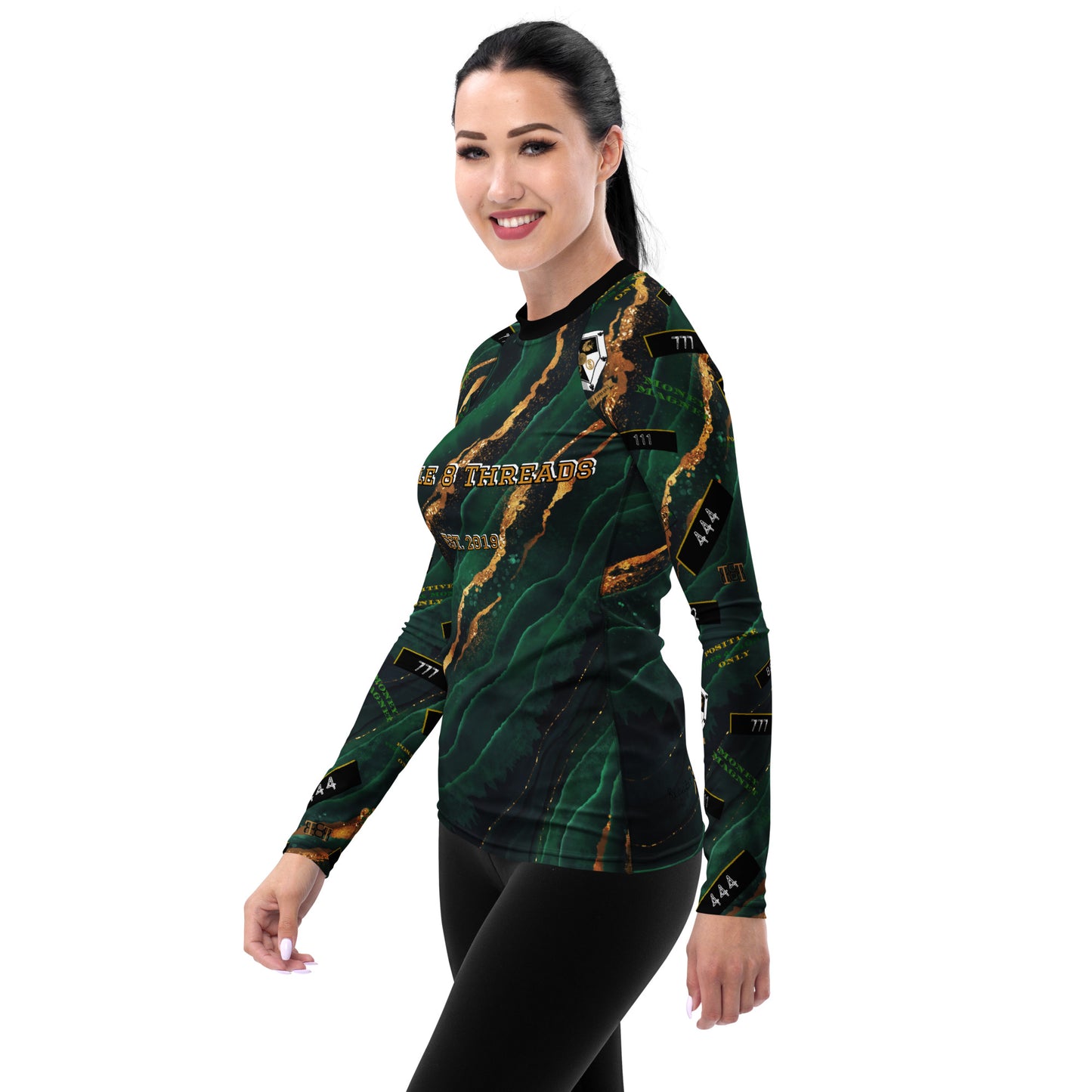 8xquiZit Collection - Women's Manifestation Emerald Green N Gold Marble Long Sleeve Activewear