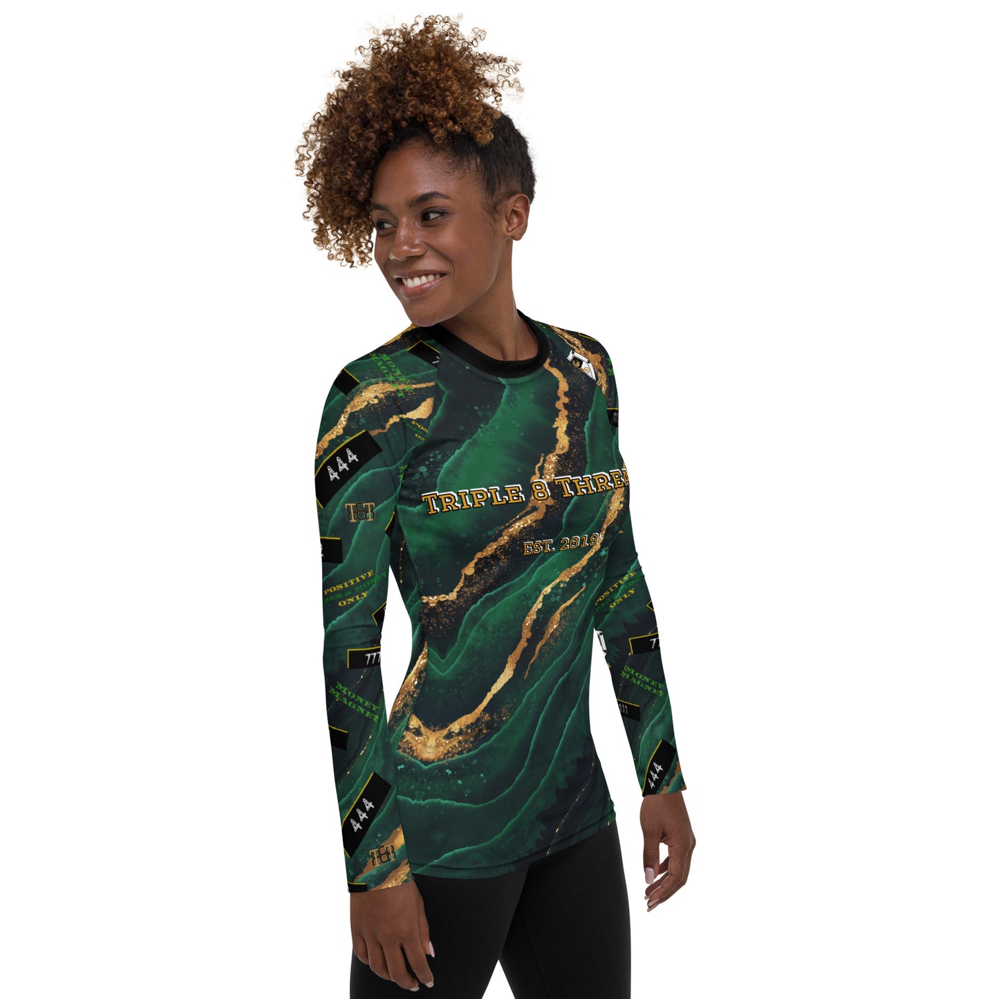 8xquiZit Collection - Women's Manifestation Emerald Green N Gold Marble Long Sleeve Activewear