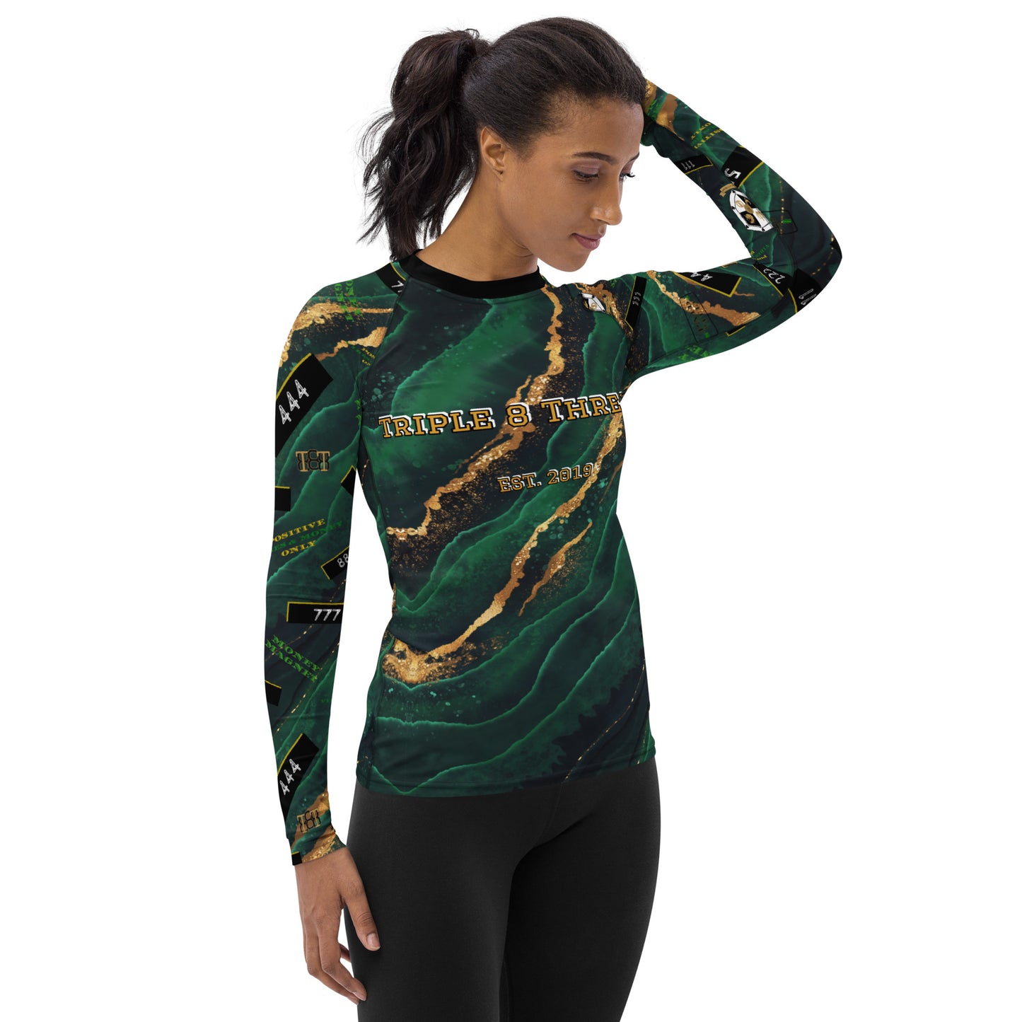 8xquiZit Collection - Women's Manifestation Emerald Green N Gold Marble Long Sleeve Activewear