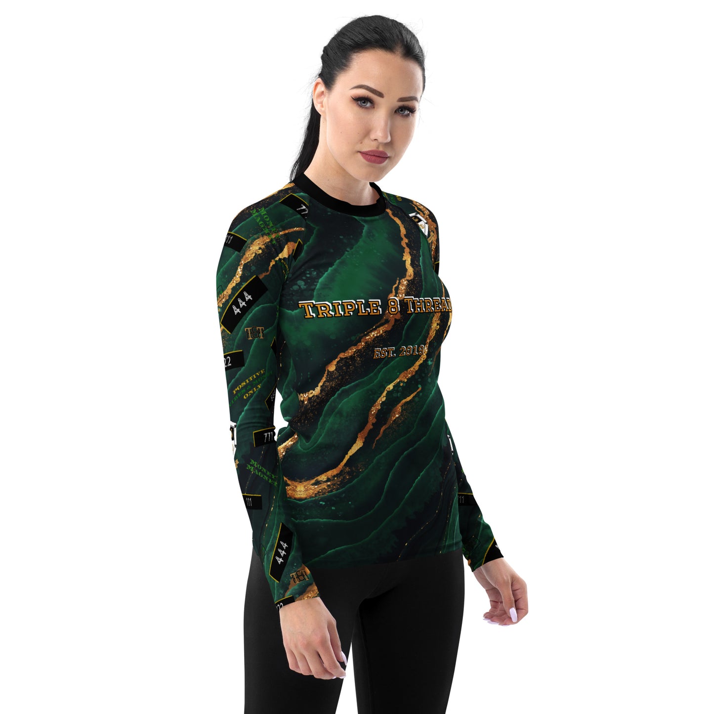 8xquiZit Collection - Women's Manifestation Emerald Green N Gold Marble Long Sleeve Activewear