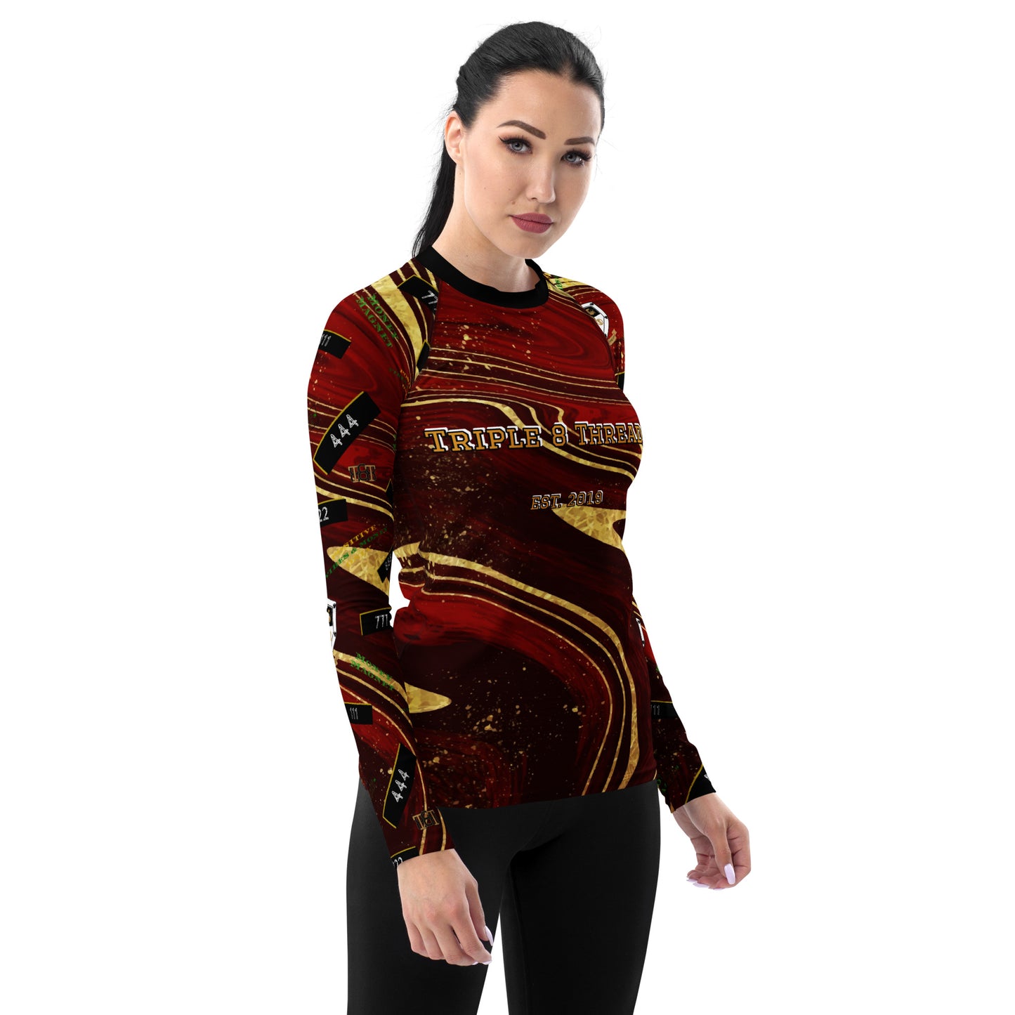 8xquiZit Collection - Women's Manifestation Ruby Red N Gold Marble Long Sleeve Activewear