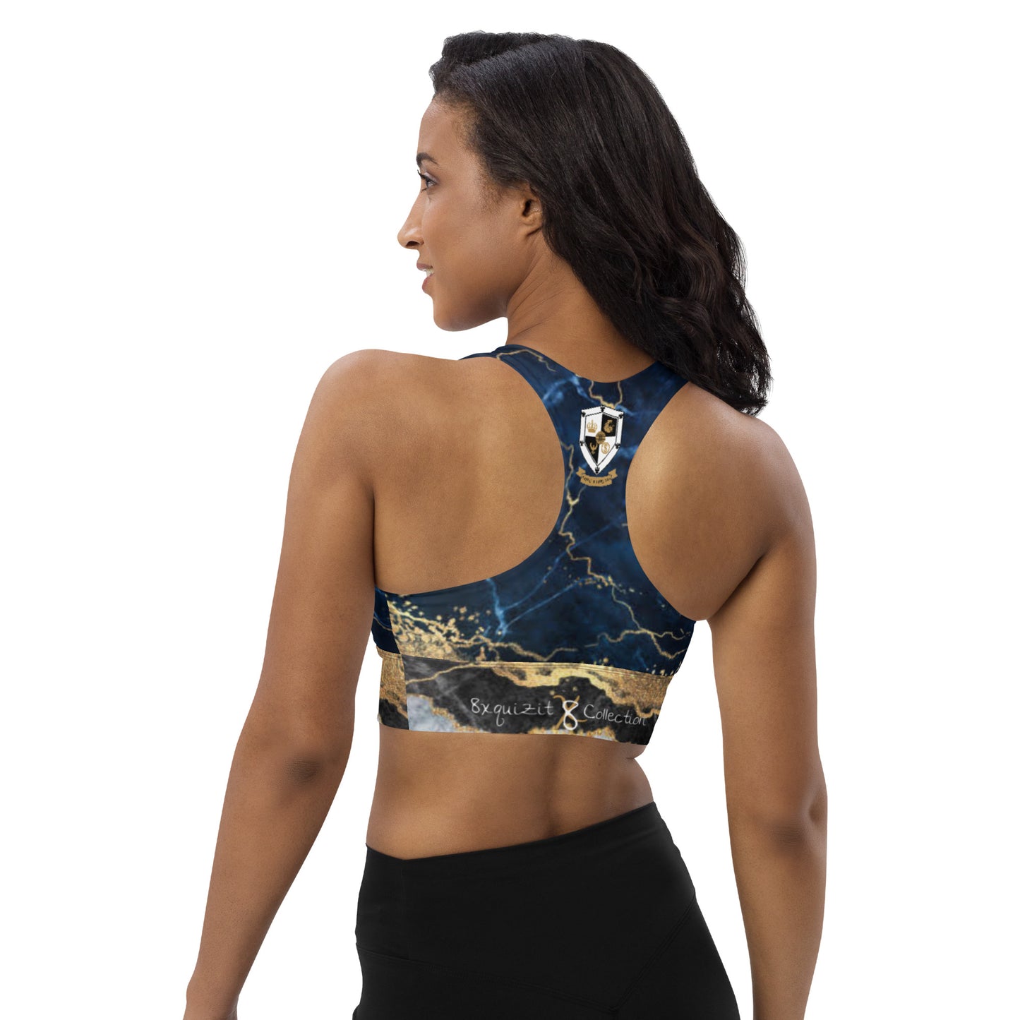 8xquiZit Collection - Women's Tri-color Blue, Gold, & White Manifestation Longline sports bra