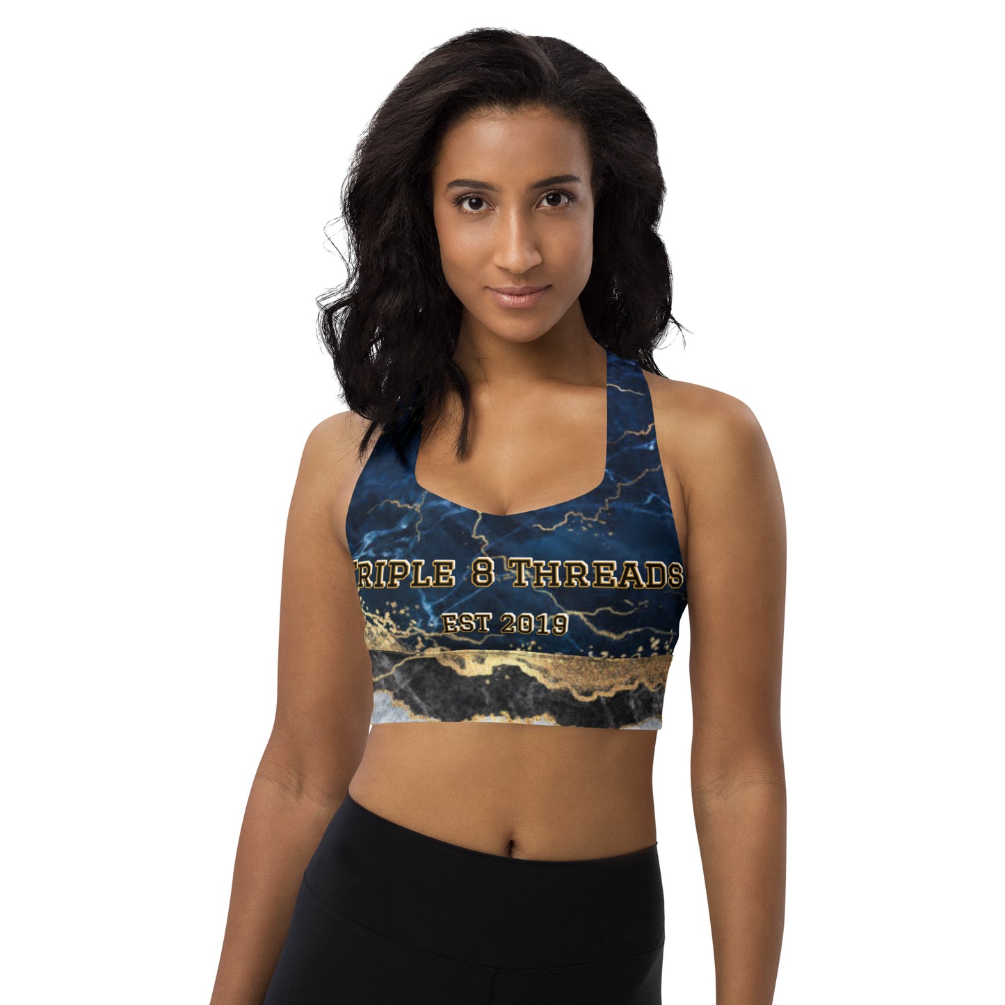 8xquiZit Collection - Women's Tri-color Blue, Gold, & White Manifestation Longline sports bra