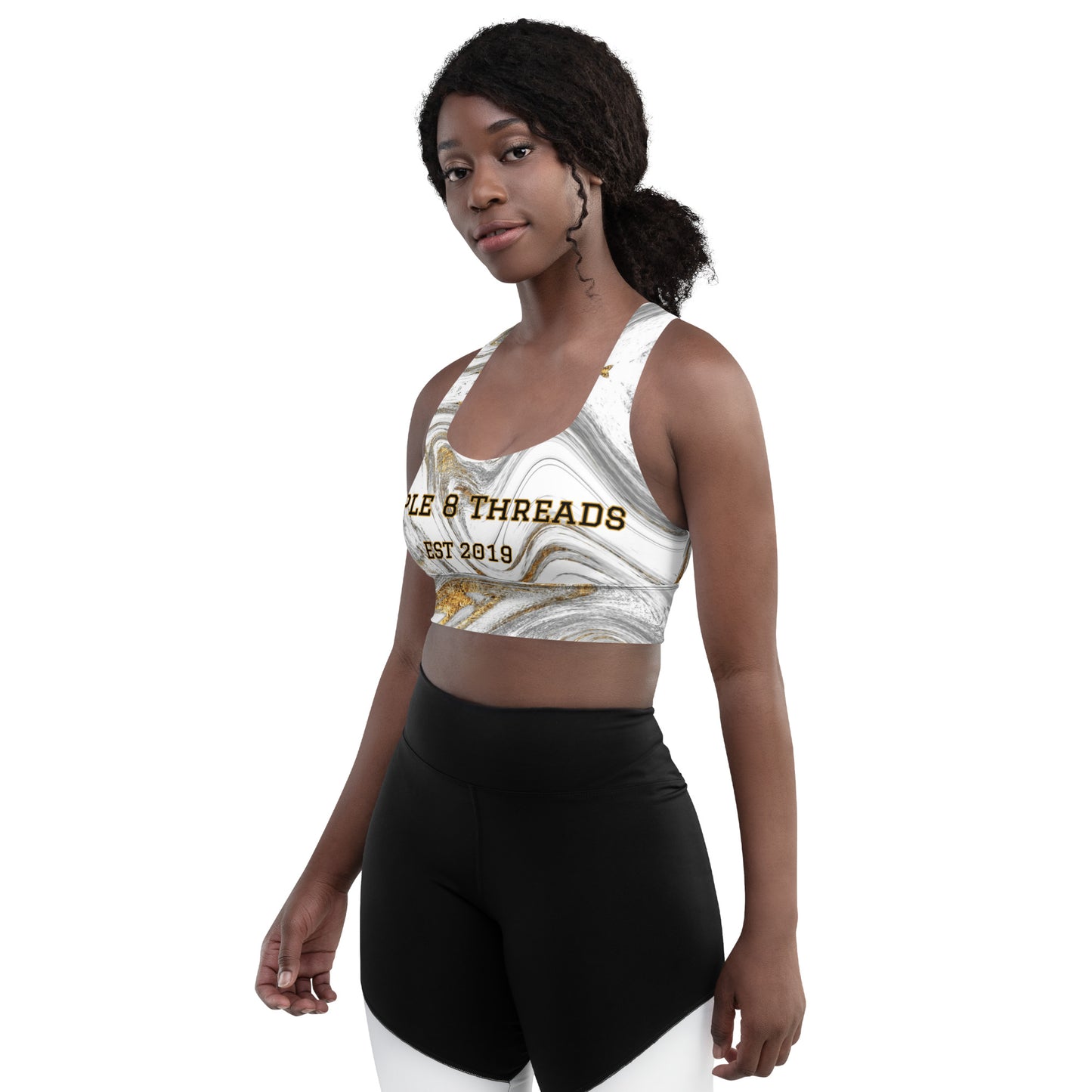 8xquiZit Collection Women's White Marble Longline sports bra