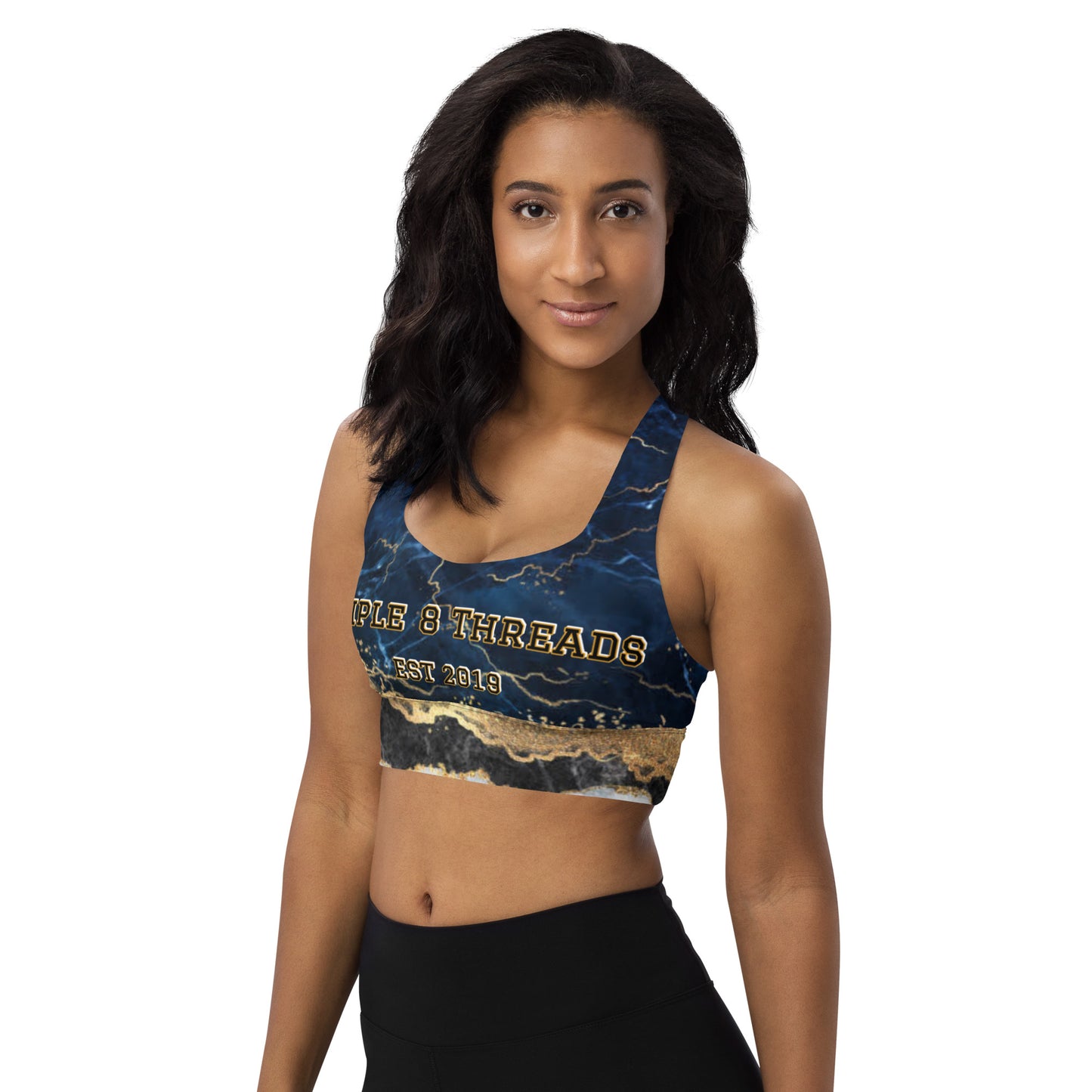 8xquiZit Collection - Women's Tri-color Blue, Gold, & White Manifestation Longline sports bra