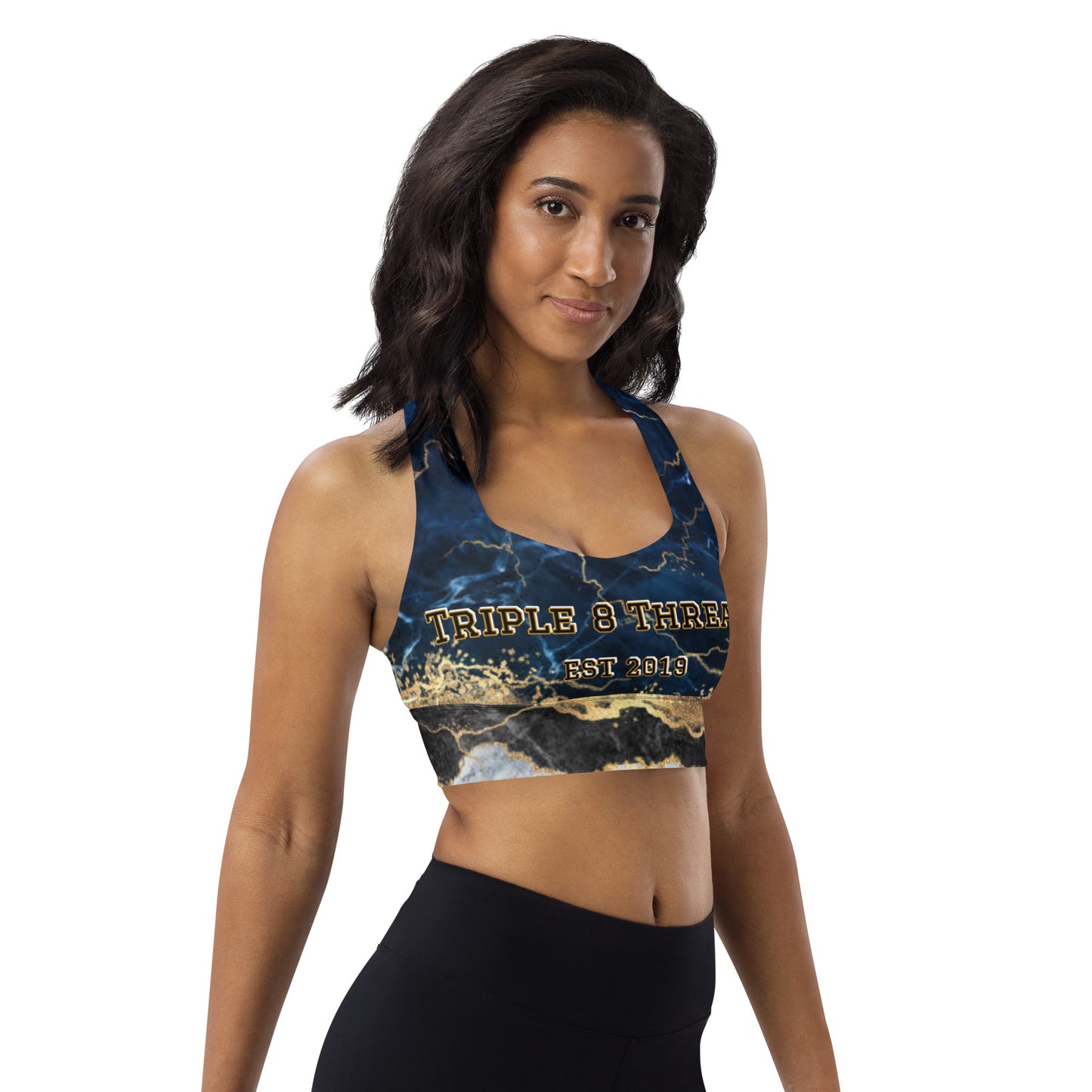 8xquiZit Collection - Women's Tri-color Blue, Gold, & White Manifestation Longline sports bra