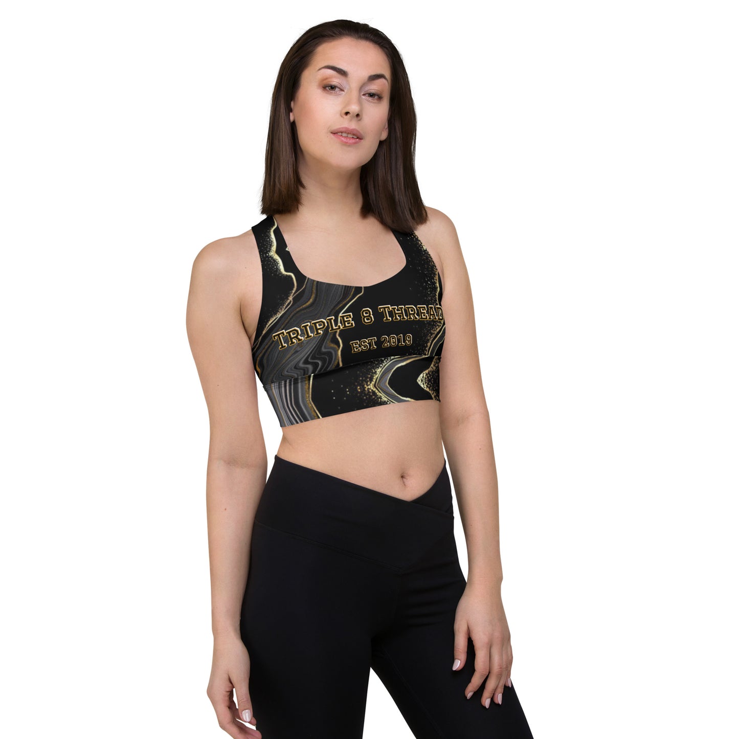 8xquiZit Collection - Women's Deep Black n Gold Marble Longline Sports Bra