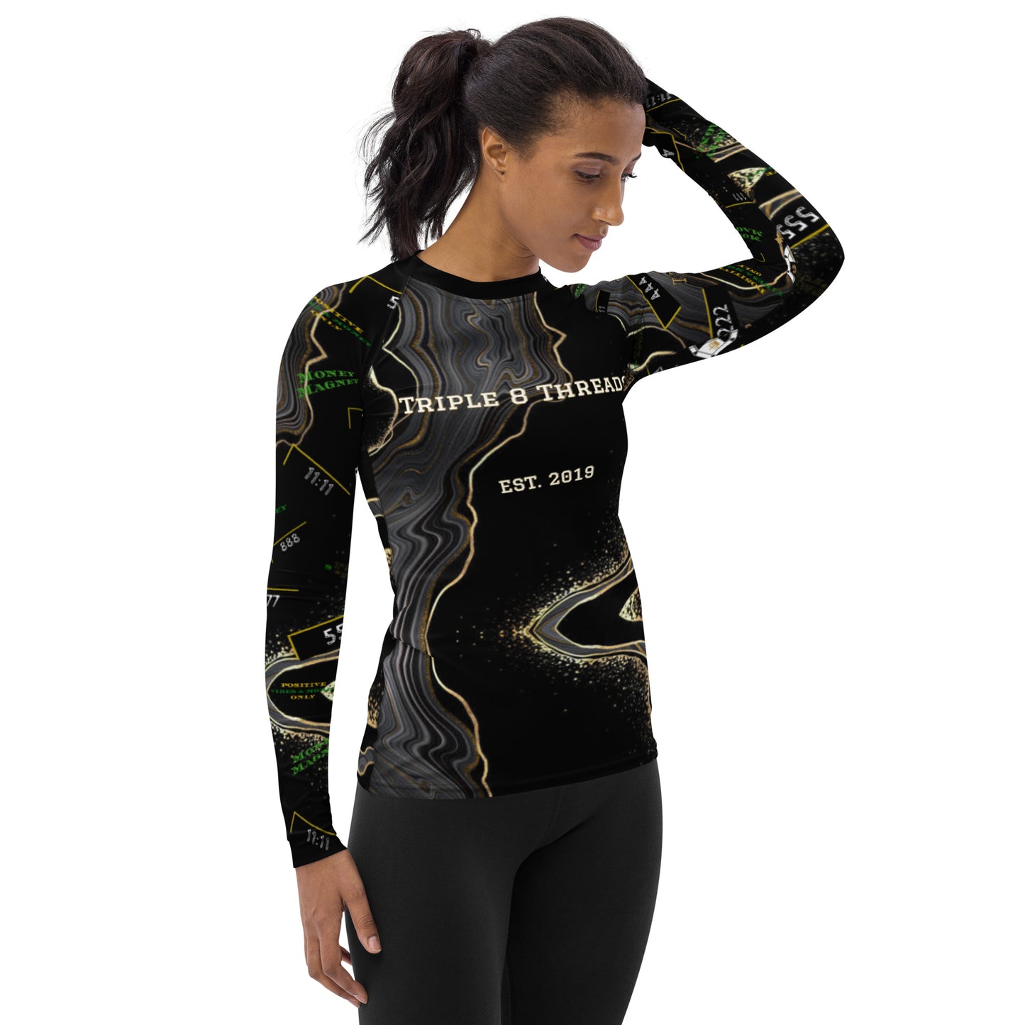 8xquiZit Collection - Women's Manifestation Deep Black n Gold Marble Long Sleeve Activewear
