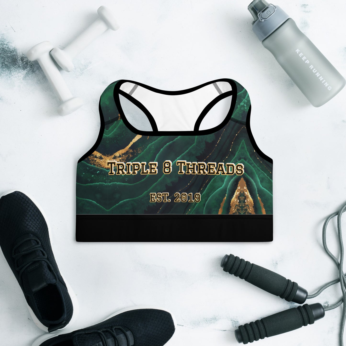 8xquiZit Collection T8T Emerald Green N Gold Marble Padded Sports Bra