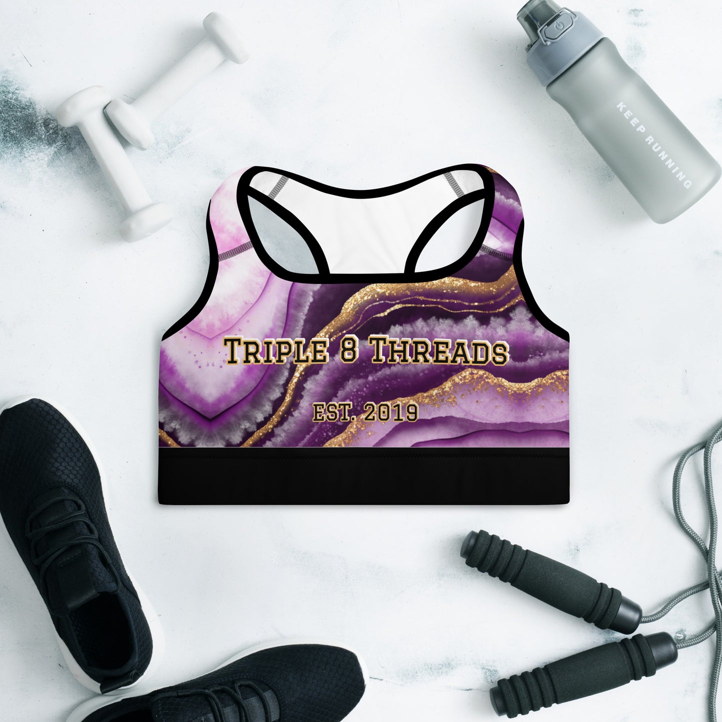 8xquiZit Collection T8T Royal Purple N Gold Marble Padded Sports Bra