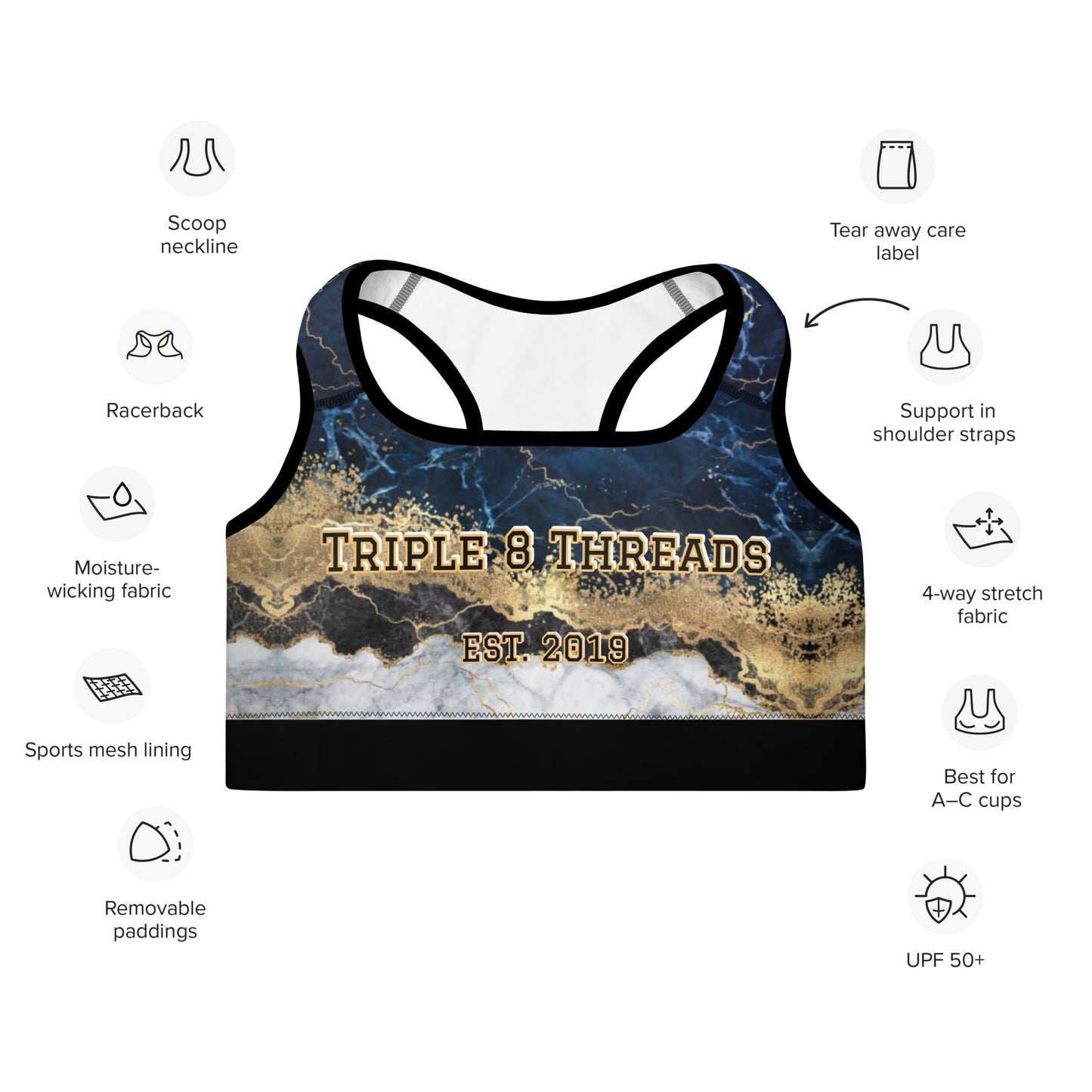 8xquiZit Collection T8T Tri-color Blue, Gold, & White Marble Padded Sports Bra