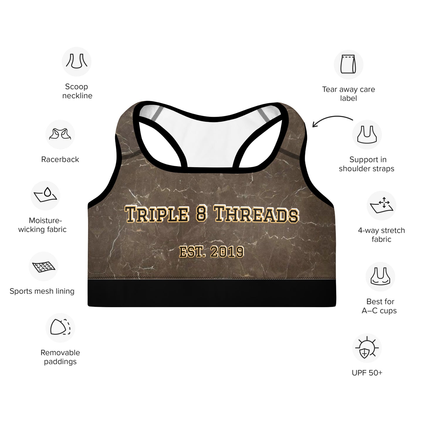 8xquiZit Collection T8T Coco-cured Marble Padded Sports Bra