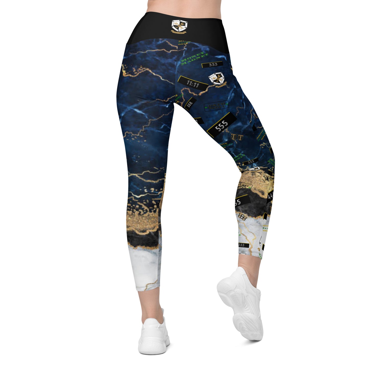8xquiZit Collection - Women's Manifestation Tri-color Blue, Gold, & White Marble Crossover Leggings with Pockets