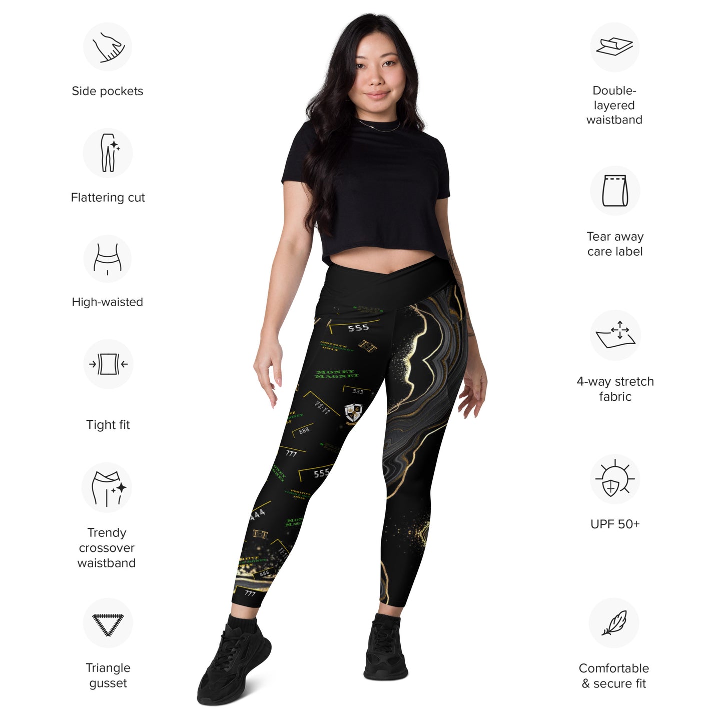 8xquiZit Collection - Women's Manifestation Deep Black N Gold Crossover leggings with pockets
