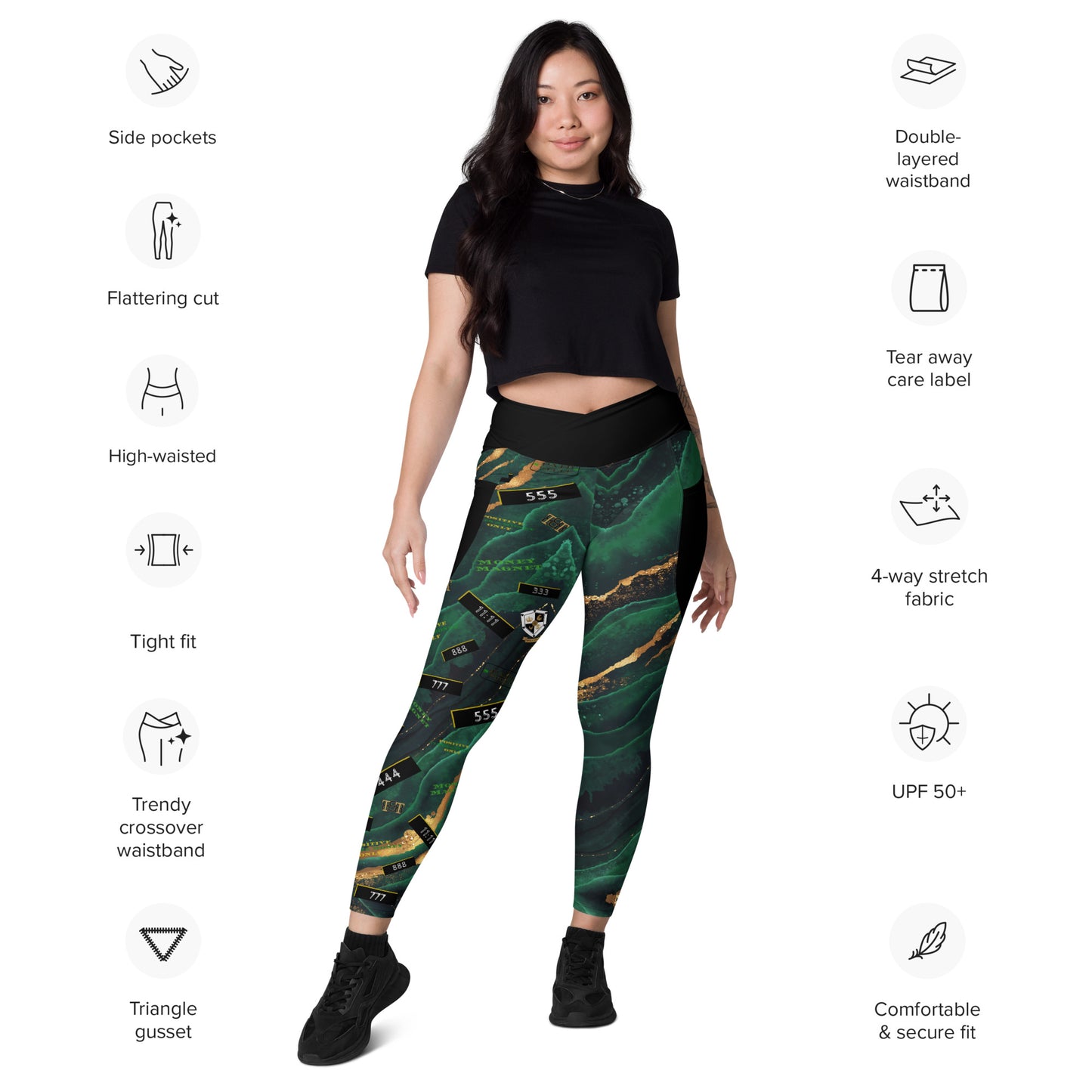 8xquiZit Collection - Women's Manifestation Emerald Green N Gold Marble Crossover Leggings with Pockets