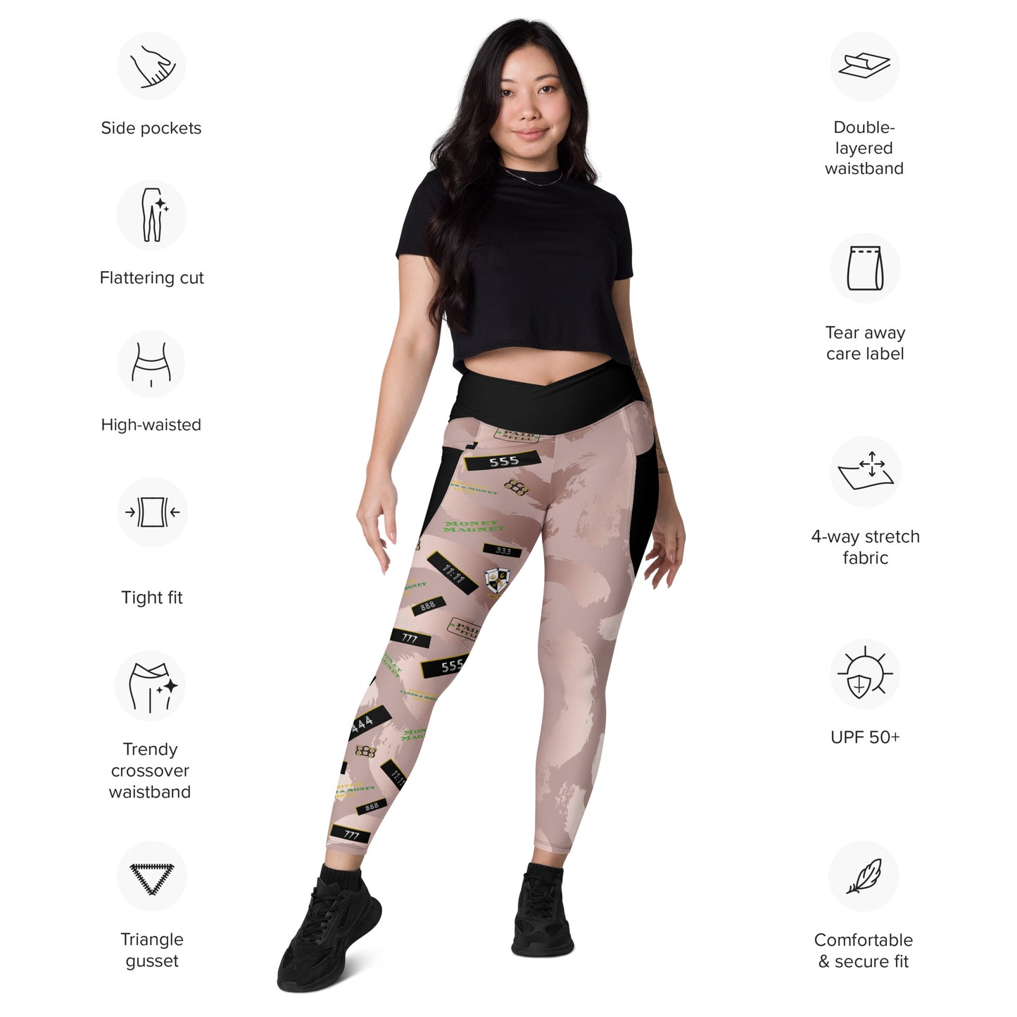 8xquiZit Collection - Women's Manifestation Pynk Slaymingo Marble Crossover Leggings with Pockets